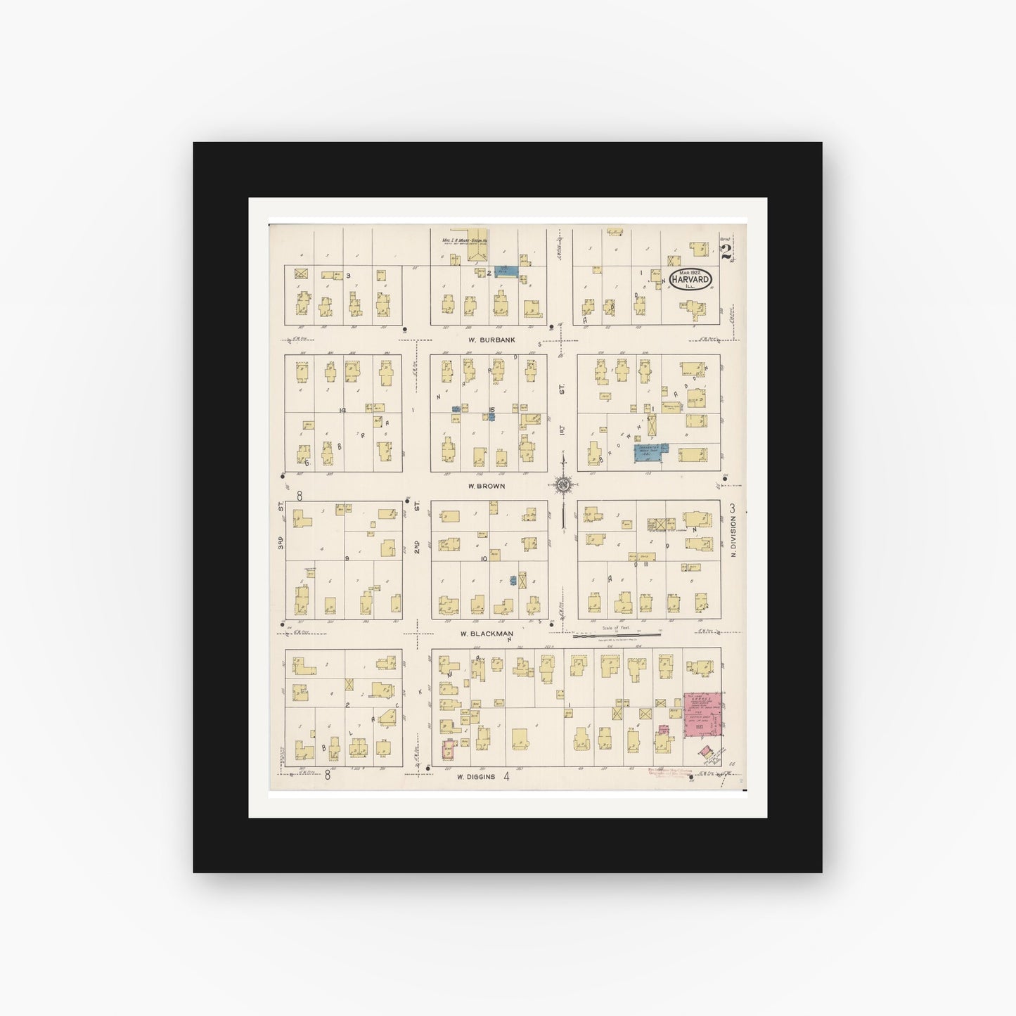 Old map wall art mockup — black gallery frame with white mat — Sanborn Fire Insurance Map from Harvard, McHenry County, Illinois (1922), Sheet #0002