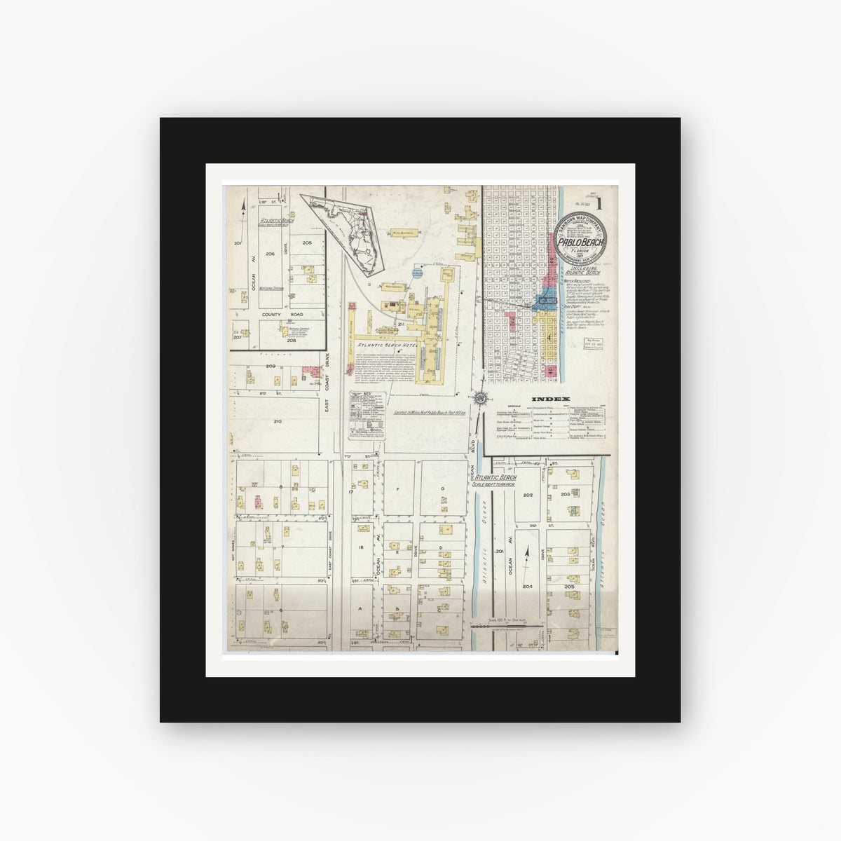 Old map wall art mockup — black gallery frame with white mat — Sanborn Fire Insurance Map from Pablo Beach, Duval County, Florida (1917), Sheet #0001