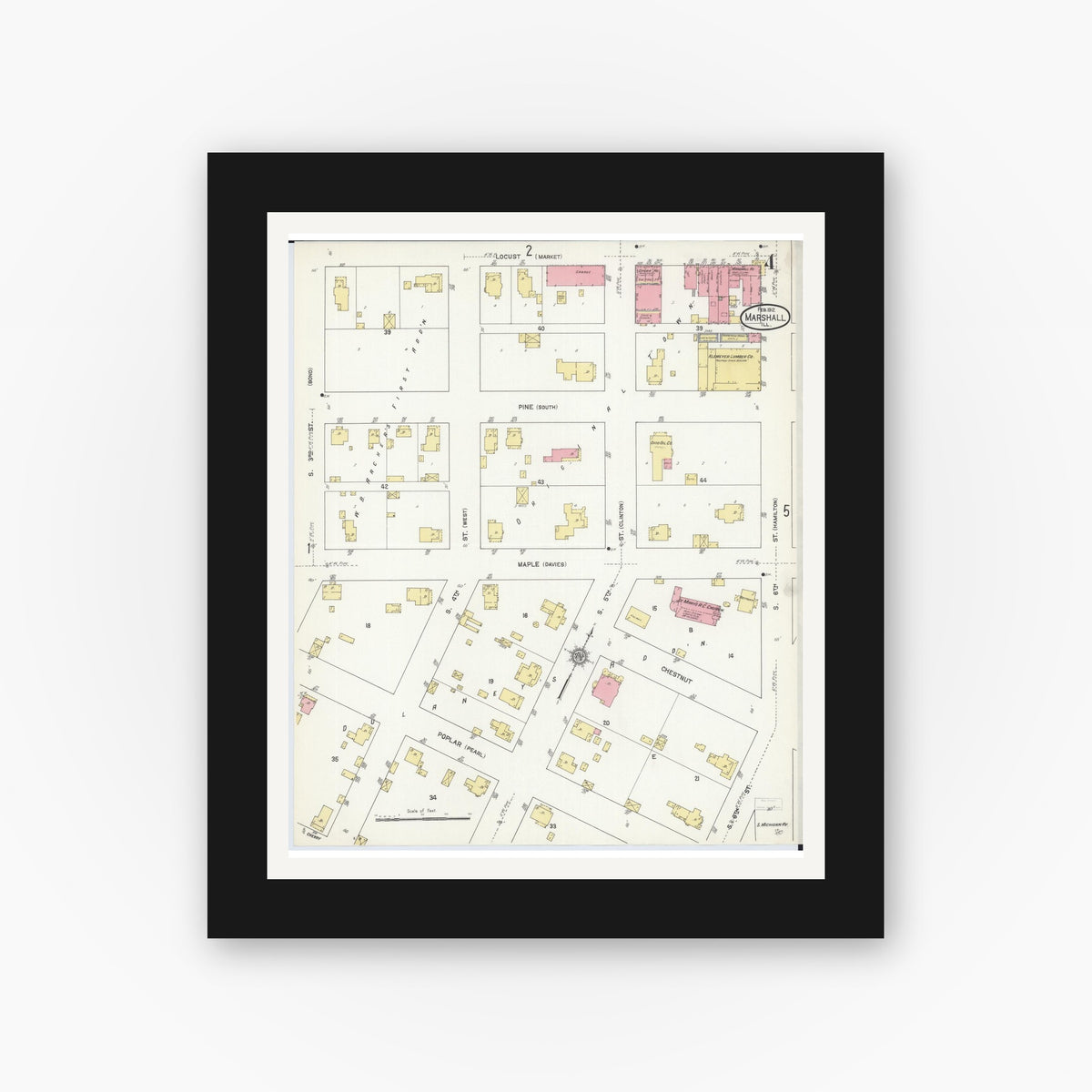 Old map wall art mockup — black gallery frame with white mat — Sanborn Fire Insurance Map from Marshall, Clark County, Illinois (1912), Sheet #0004