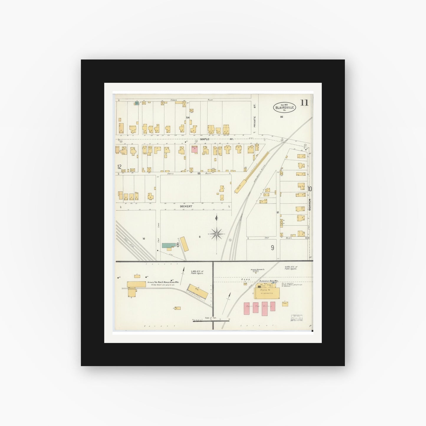 Old map wall art mockup — black gallery frame with white mat — Sanborn Fire Insurance Map from Blairsville, Indiana County, Pennsylvania (1903), Sheet #0011