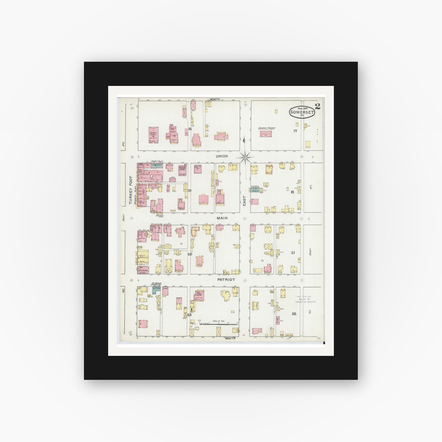 Old map wall art mockup — black gallery frame with white mat — Sanborn Fire Insurance Map from Somerset, Somerset County, Pennsylvania (1892), Sheet #0002