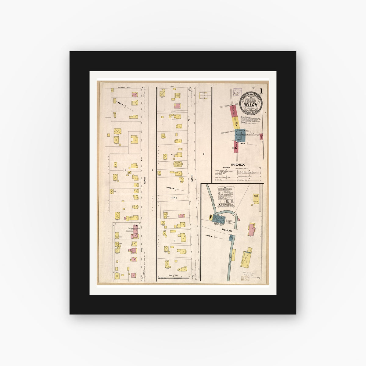 Old map wall art mockup — black gallery frame with white mat — Sanborn Fire Insurance Map from Hellam, York County, Pennsylvania (1908), Sheet #0001