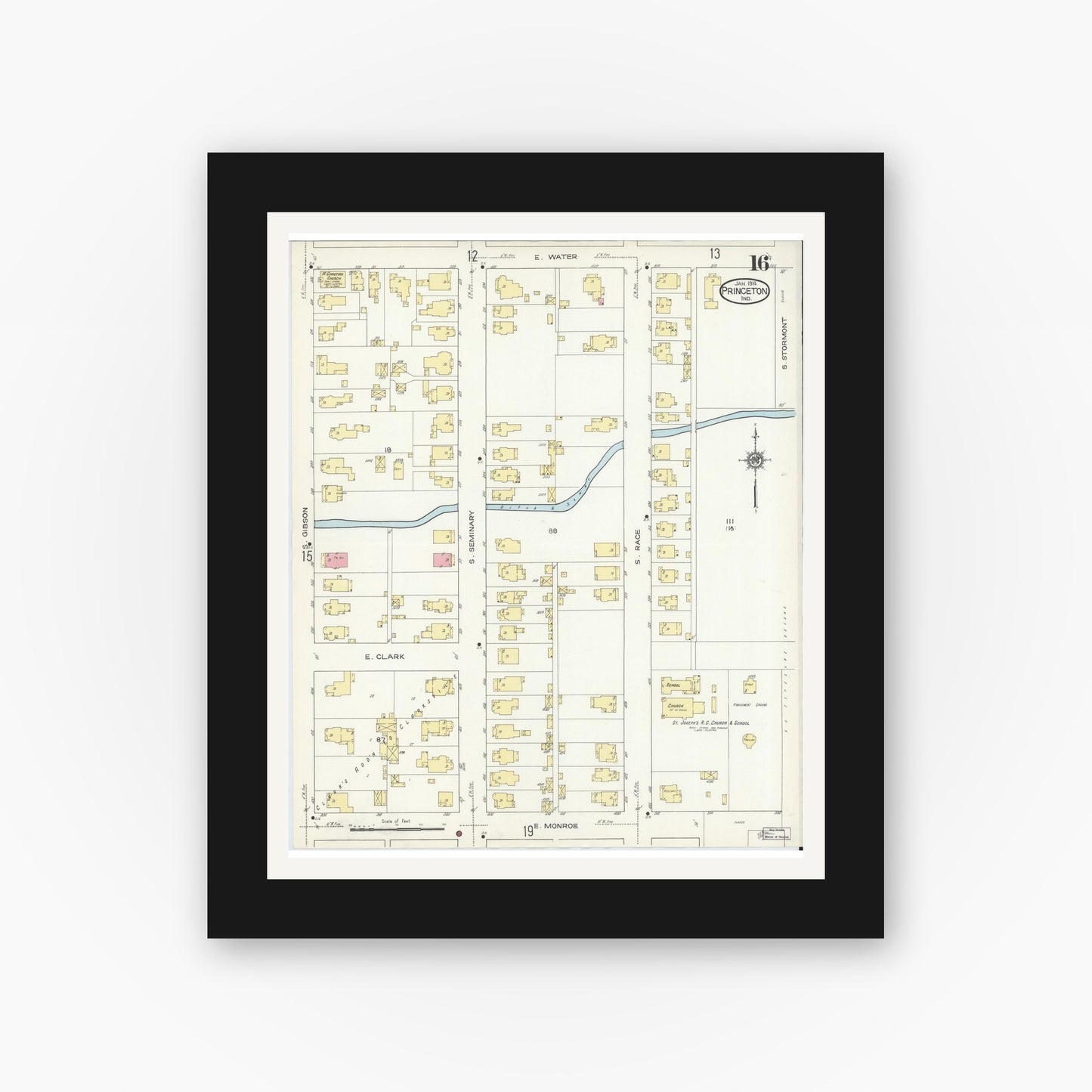 Old map wall art mockup — black gallery frame with white mat — Sanborn Fire Insurance Map from Princeton, Gibson County, Indiana (1914), Sheet #0016