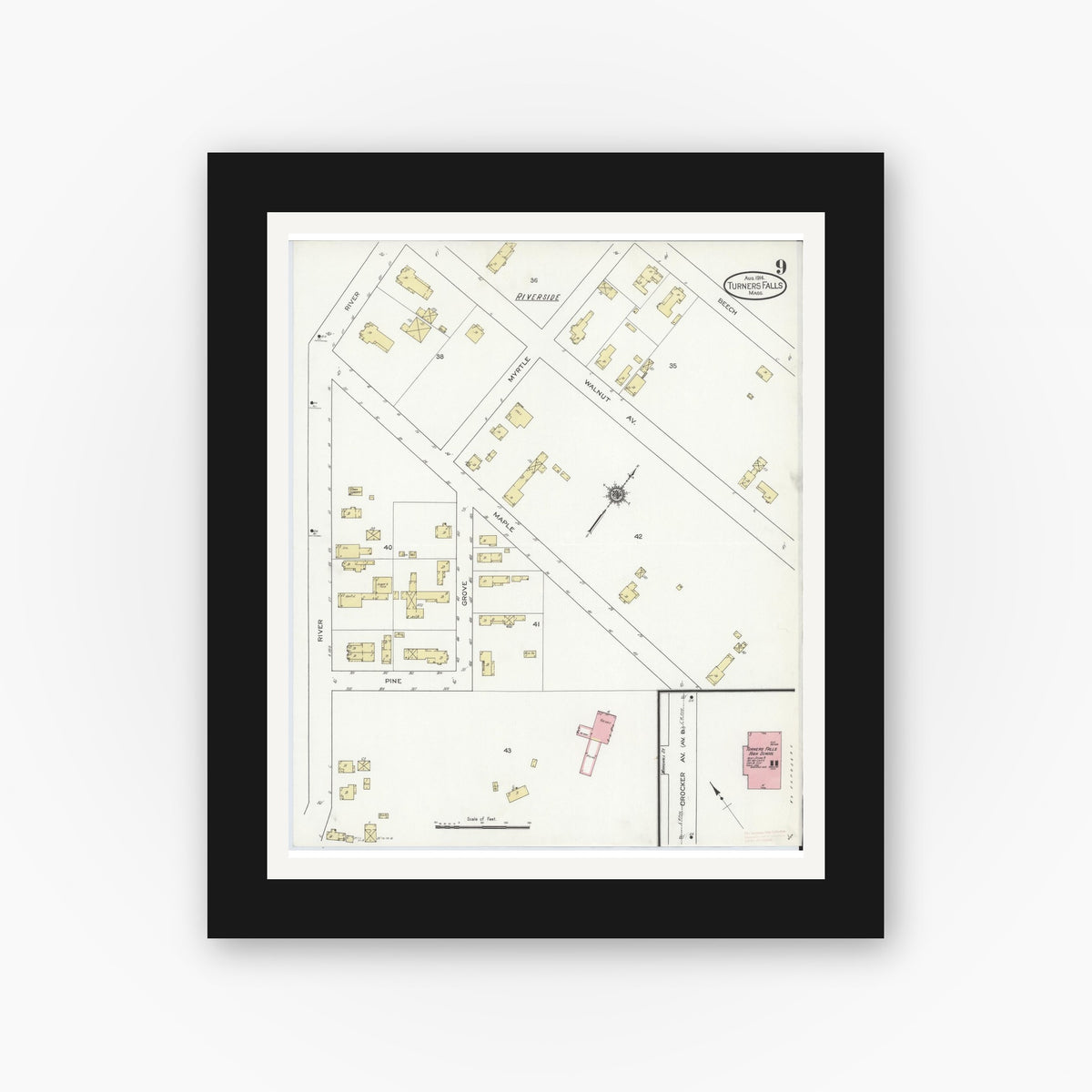 Old map wall art mockup — black gallery frame with white mat — Sanborn Fire Insurance Map from Turners Falls, Franklin County, Massachusetts (1914), Sheet #0009