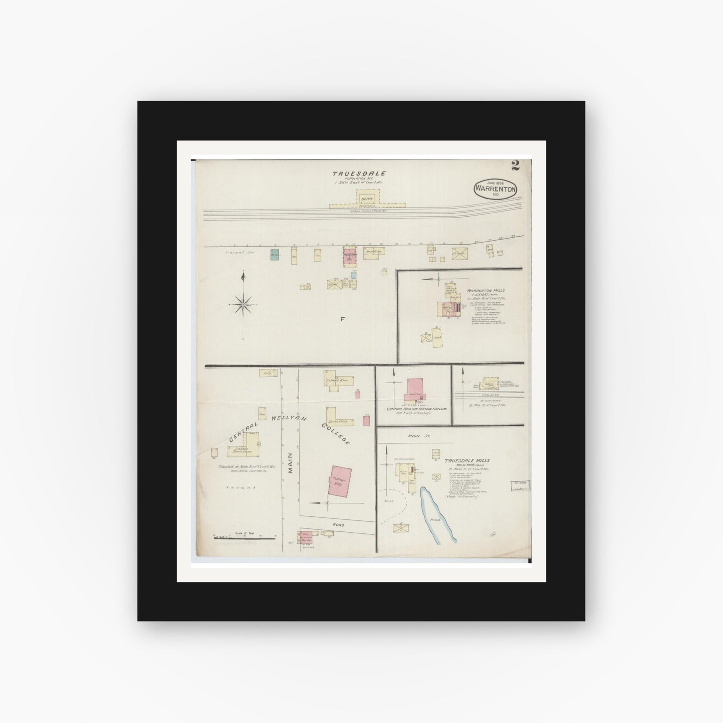 Old map wall art mockup — black gallery frame with white mat — Sanborn Fire Insurance Map from Warrenton, Warren County, Missouri (1886), Sheet #0002