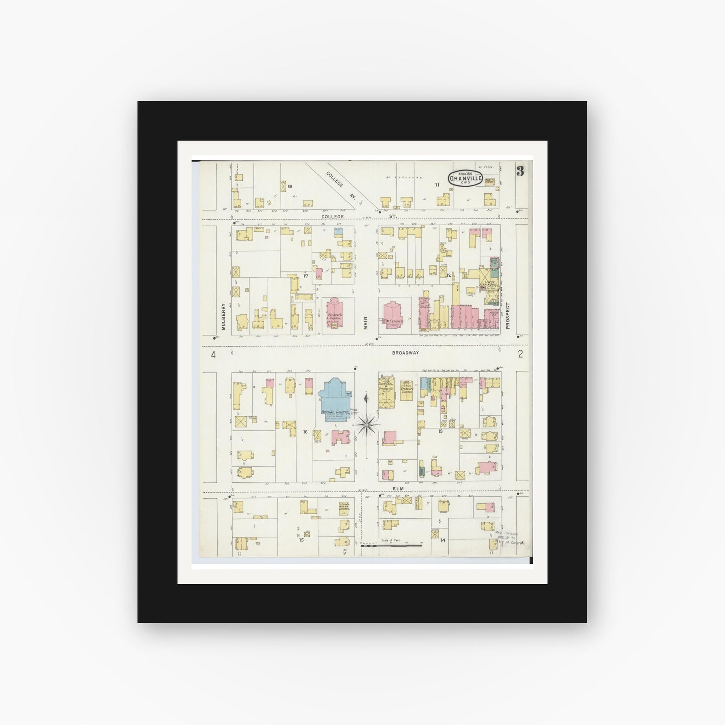 Old map wall art mockup — black gallery frame with white mat — Sanborn Fire Insurance Map from Granville, Licking County, Ohio (1896), Sheet #0003