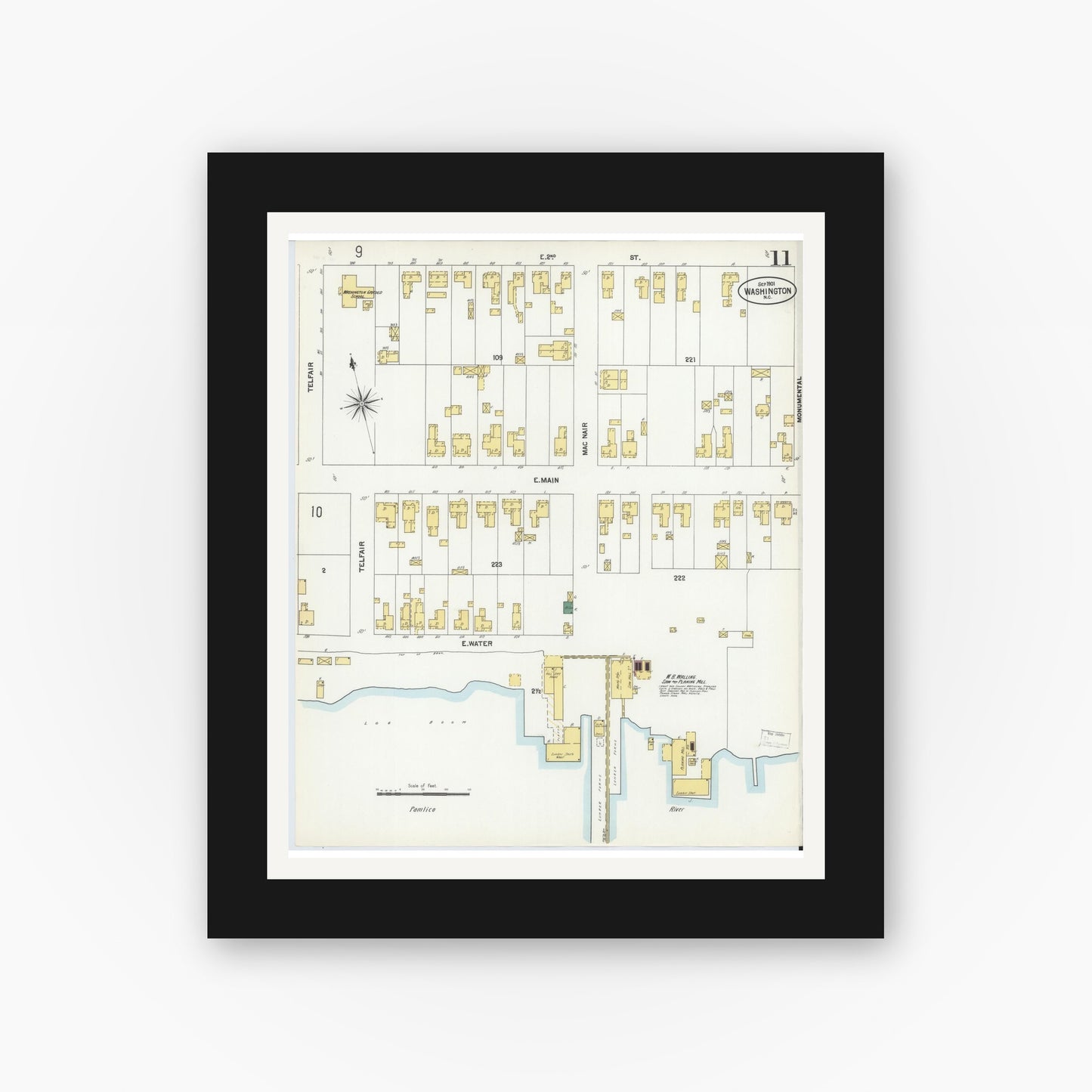 Old map wall art mockup — black gallery frame with white mat — Sanborn Fire Insurance Map from Washington, Beaufort County, North Carolina (1901), Sheet #0011