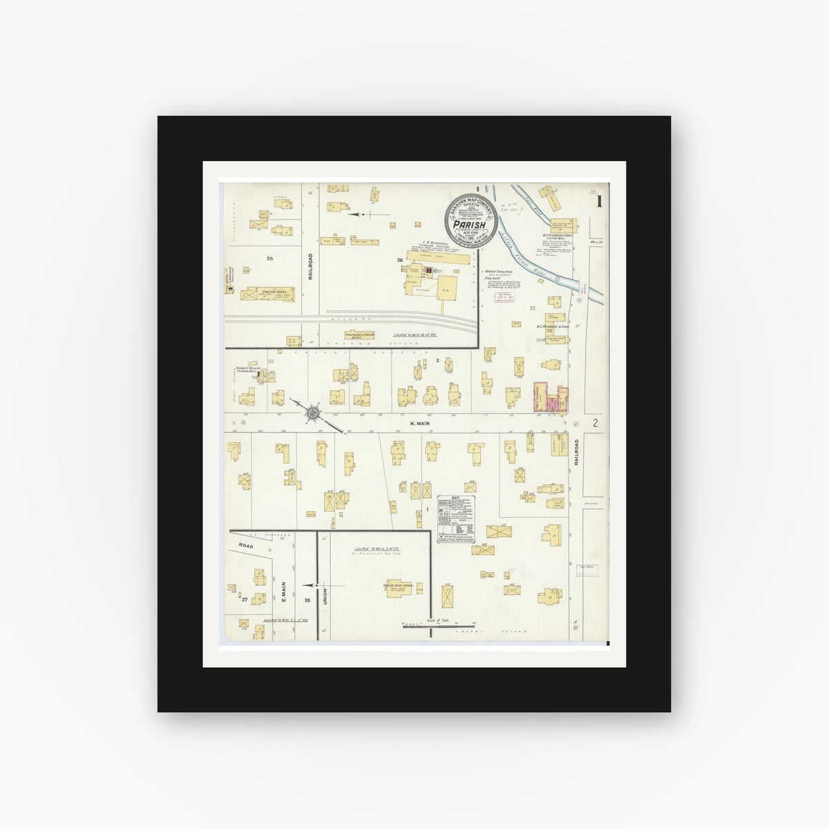 Old map wall art mockup — black gallery frame with white mat — Sanborn Fire Insurance Map from Parish, Oswego County, New York (1911) - Complete Map Set