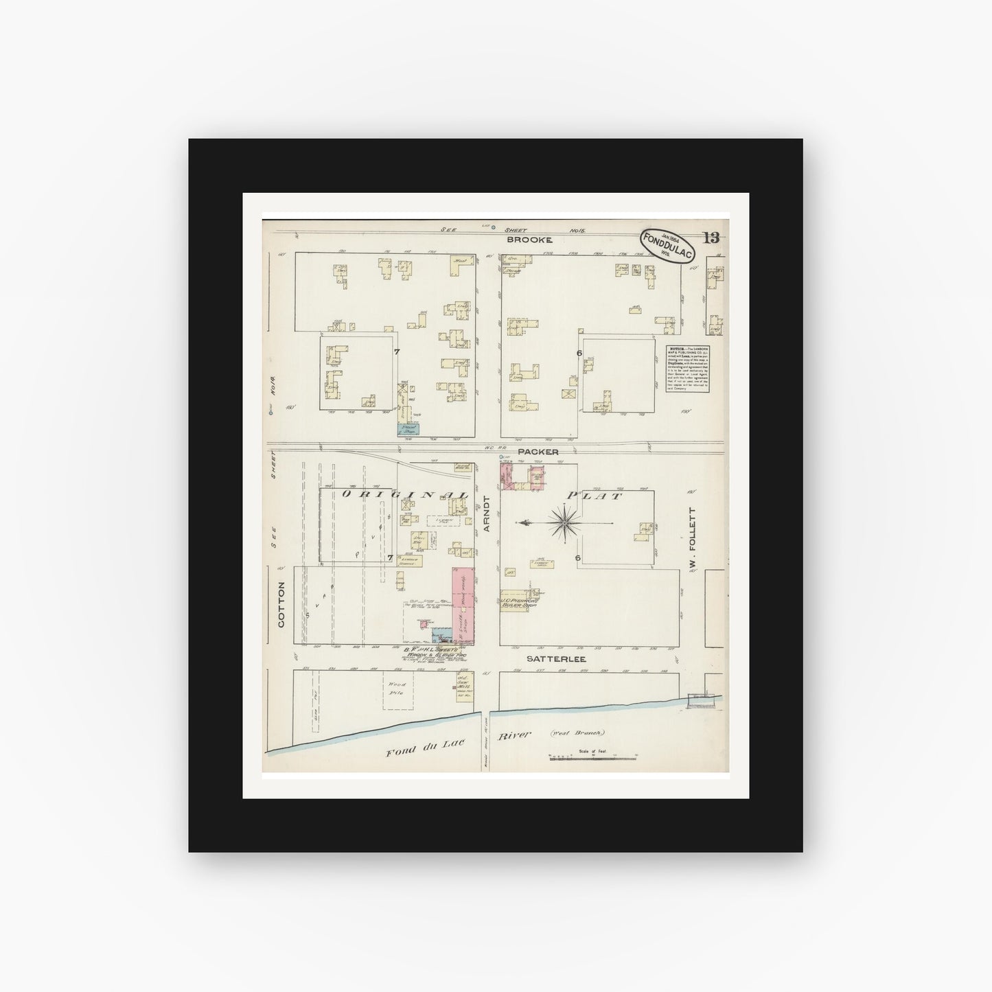 Old map wall art mockup — black gallery frame with white mat — Sanborn Fire Insurance Map from Fond du Lac, Fond du Lac County, Wisconsin (1884), Sheet #0013