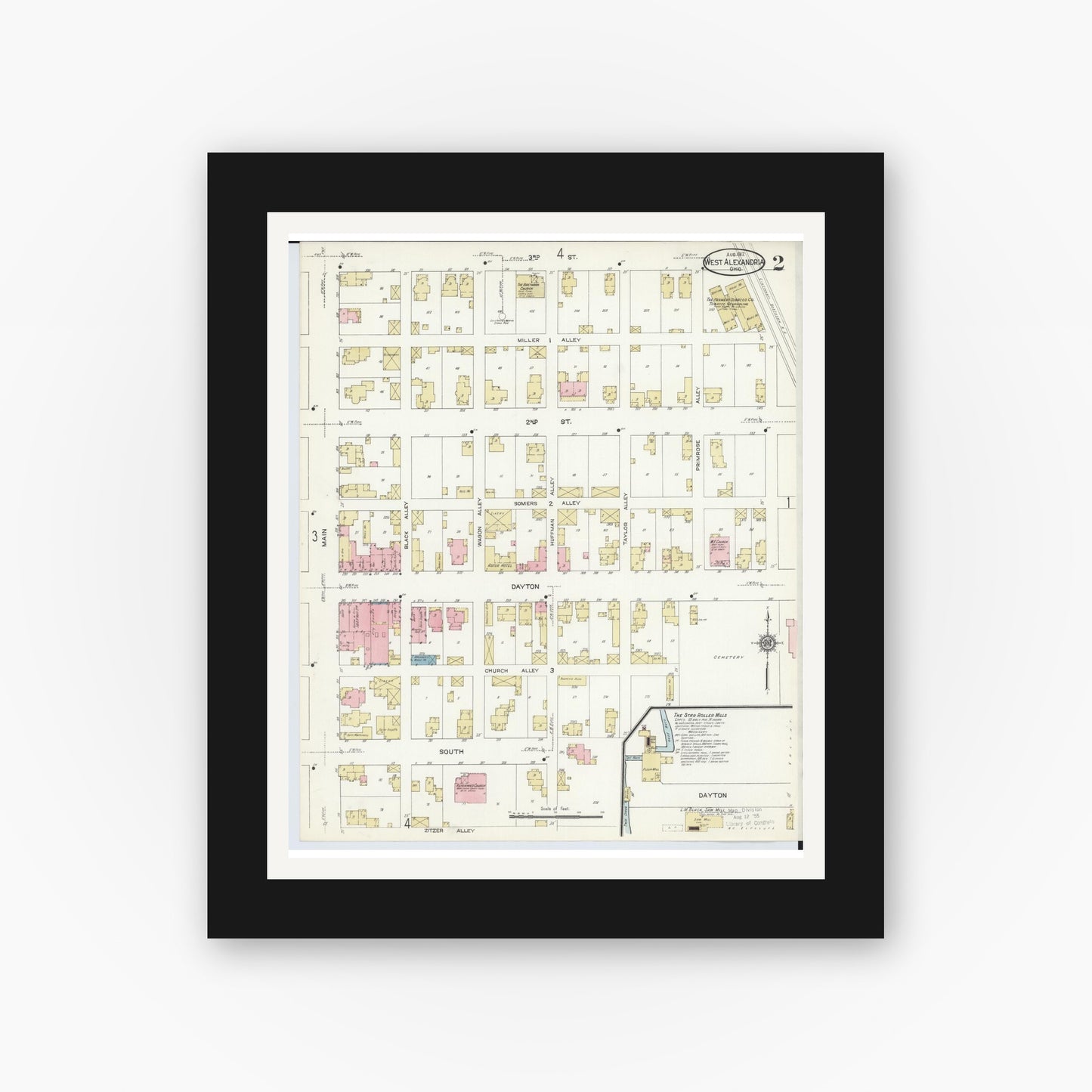 Old map wall art mockup — black gallery frame with white mat — Sanborn Fire Insurance Map from West Alexandria, Preble County, Ohio (1912), Sheet #0002
