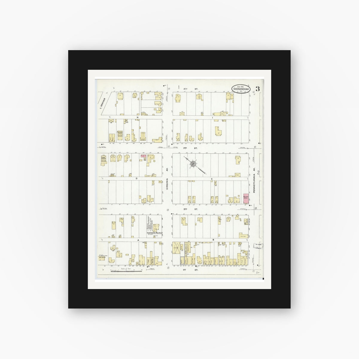 Old map wall art mockup — black gallery frame with white mat — Sanborn Fire Insurance Map from Shenandoah, Page County, Virginia (1910), Sheet #0003