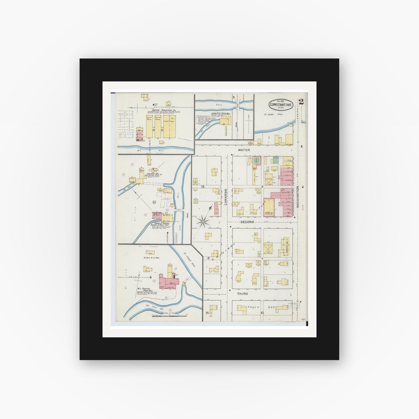Old map wall art mockup — black gallery frame with white mat — Sanborn Fire Insurance Map from Constantine, Saint Joseph County, Michigan (1892), Sheet #0002