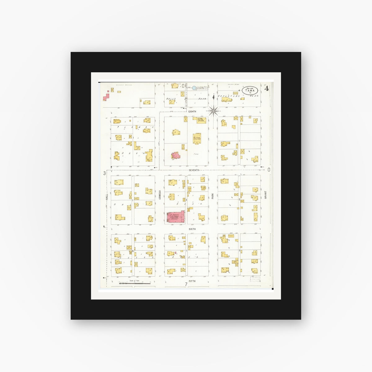 Old map wall art mockup — black gallery frame with white mat — Sanborn Fire Insurance Map from Tama, Tama County, Iowa (1906), Sheet #0004