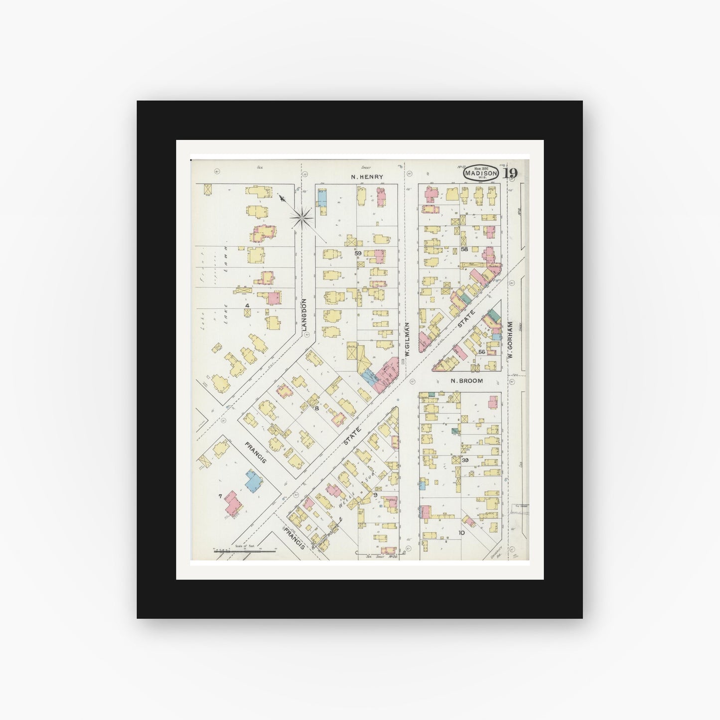 Old map wall art mockup — black gallery frame with white mat — Sanborn Fire Insurance Map from Madison, Dane County, Wisconsin (1892), Sheet #0019