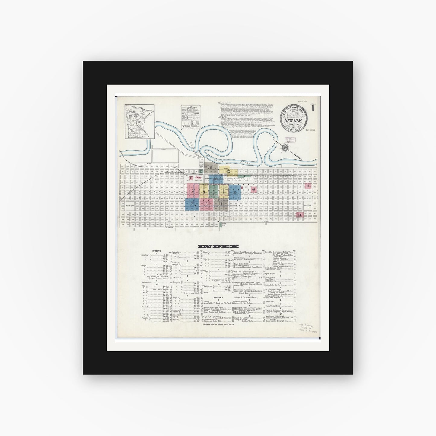 Old map wall art mockup — black gallery frame with white mat — Sanborn Fire Insurance Map from New Ulm, Brown County, Minnesota (1913) - Complete Map Set
