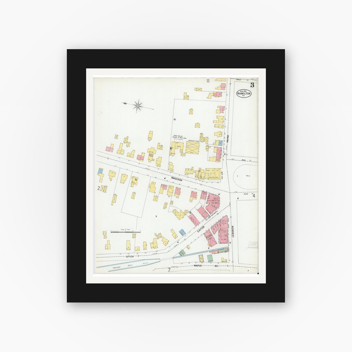 Old map wall art mockup — black gallery frame with white mat — Sanborn Fire Insurance Map from Hamilton, Madison County, New York (1901), Sheet #0003