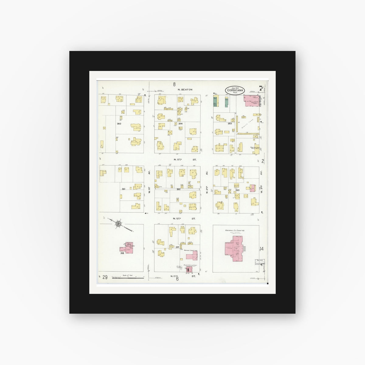Old map wall art mockup — black gallery frame with white mat — Sanborn Fire Insurance Map from Corsicana, Navarro County, Texas (1910), Sheet #0007