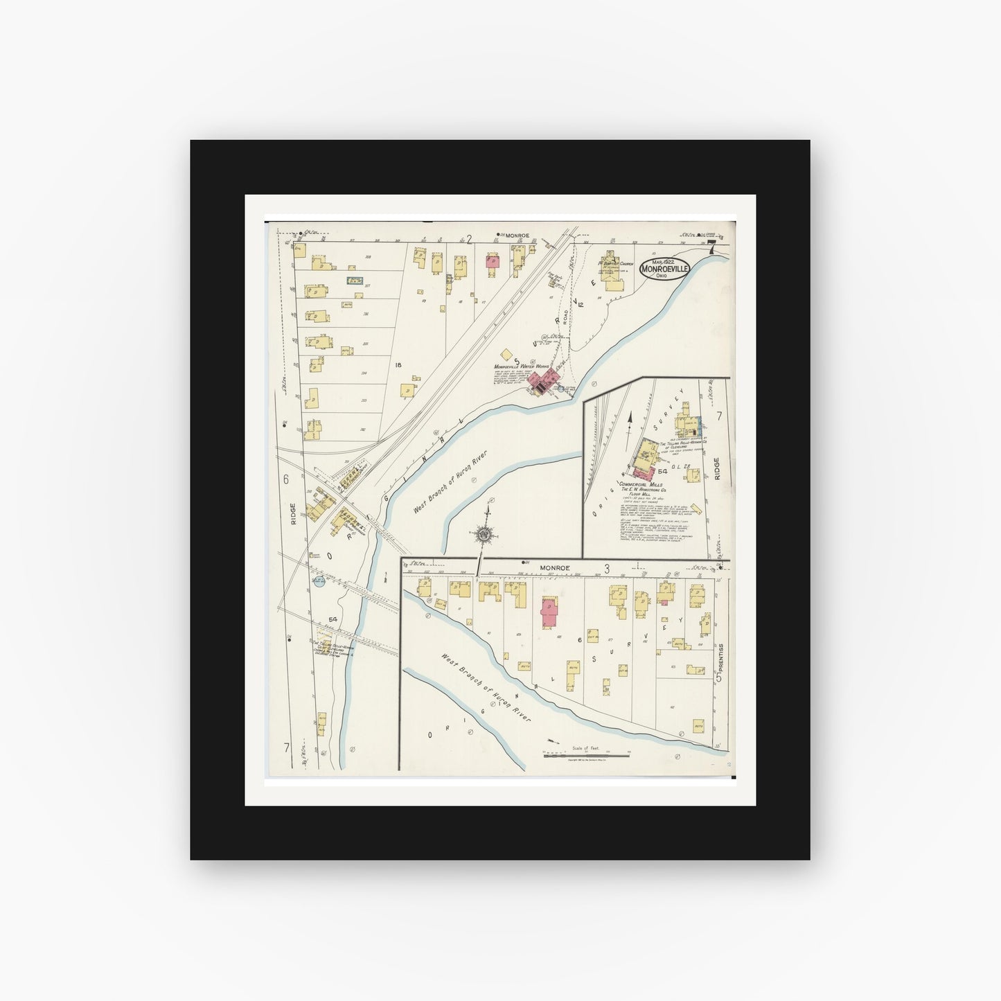 Old map wall art mockup — black gallery frame with white mat — Sanborn Fire Insurance Map from Monroeville, Huron County, Ohio (1922), Sheet #0007