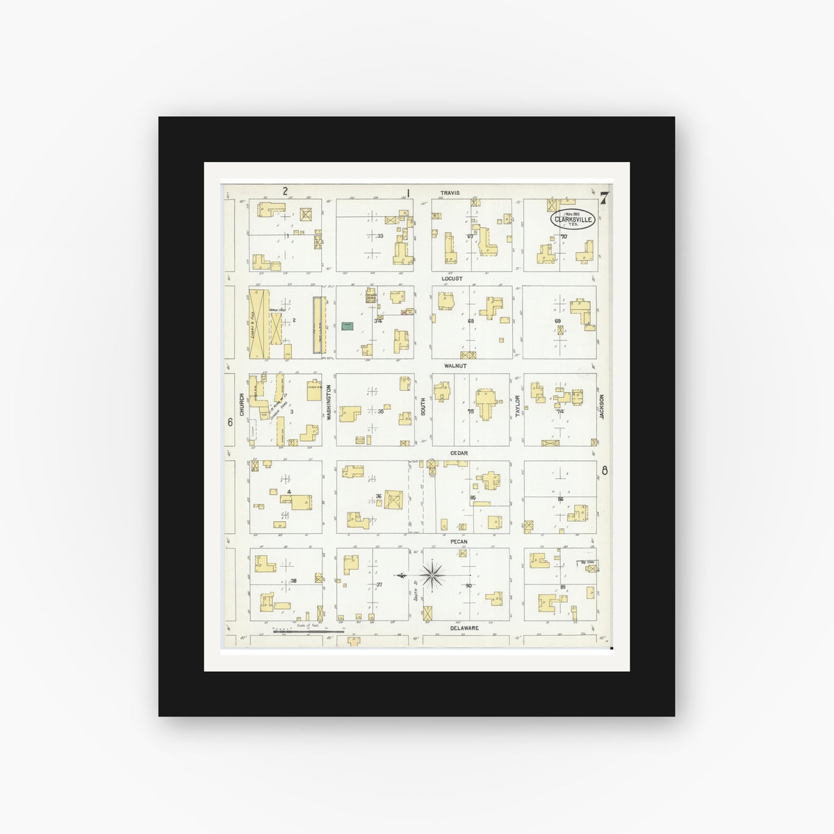 Old map wall art mockup — black gallery frame with white mat — Sanborn Fire Insurance Map from Clarksville, Red River County, Texas (1901), Sheet #0007