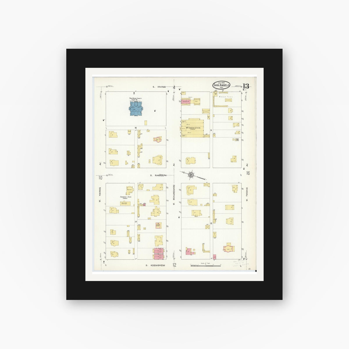 Old map wall art mockup — black gallery frame with white mat — Sanborn Fire Insurance Map from San Angelo, Tom Green County, Texas (1913), Sheet #0013