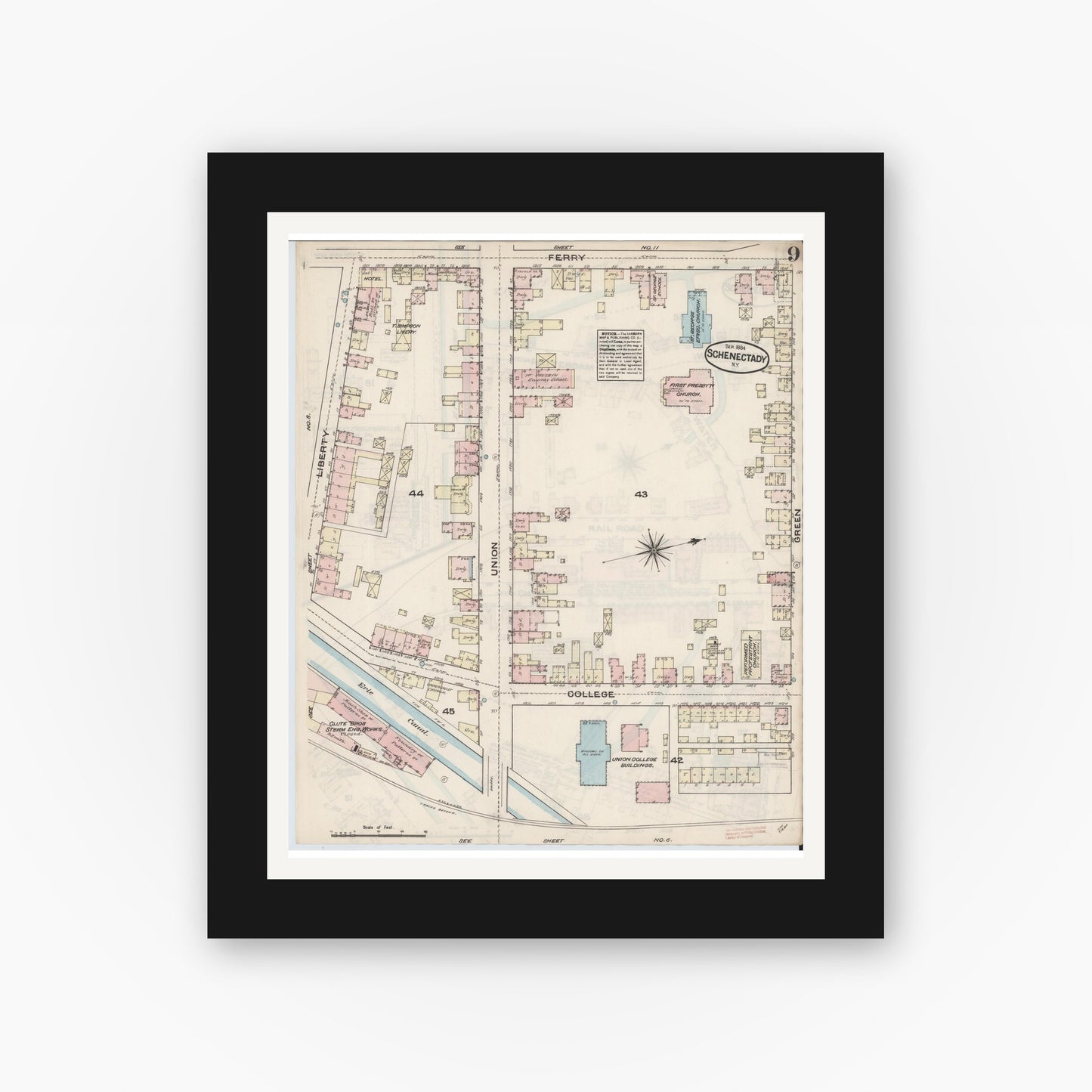 Old map wall art mockup — black gallery frame with white mat — Sanborn Fire Insurance Map from Schenectady, Schenectady County, New York (1884), Sheet #0009