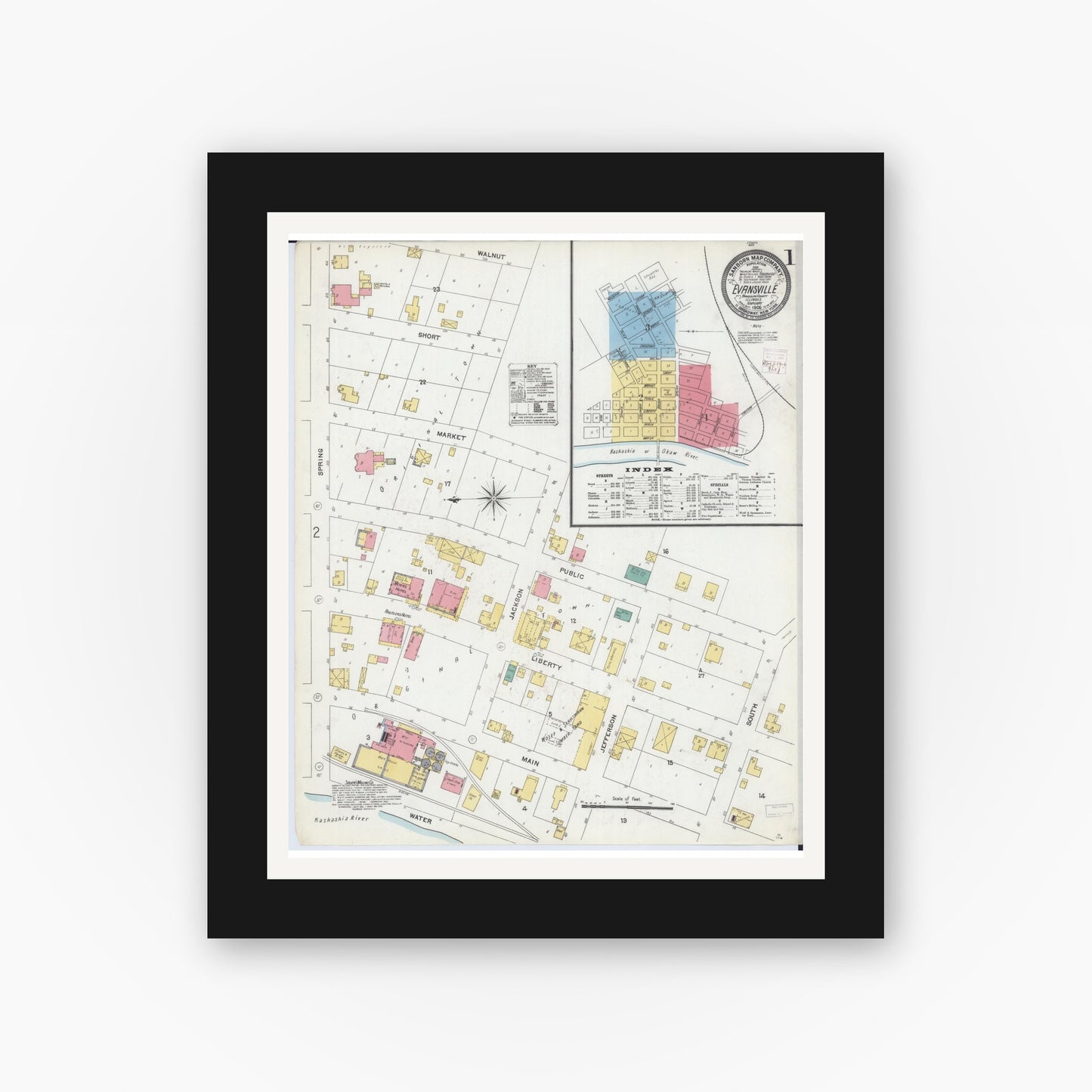 Old map wall art mockup — black gallery frame with white mat — Sanborn Fire Insurance Map from Evansville, Randolph County, Illinois (1906), Sheet #0001