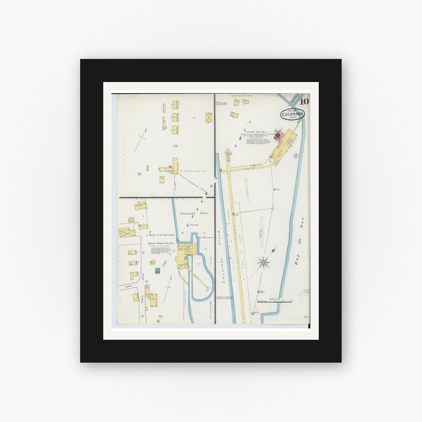 Old map wall art mockup — black gallery frame with white mat — Sanborn Fire Insurance Map from Escanaba, Delta County, Michigan (1893), Sheet #0010