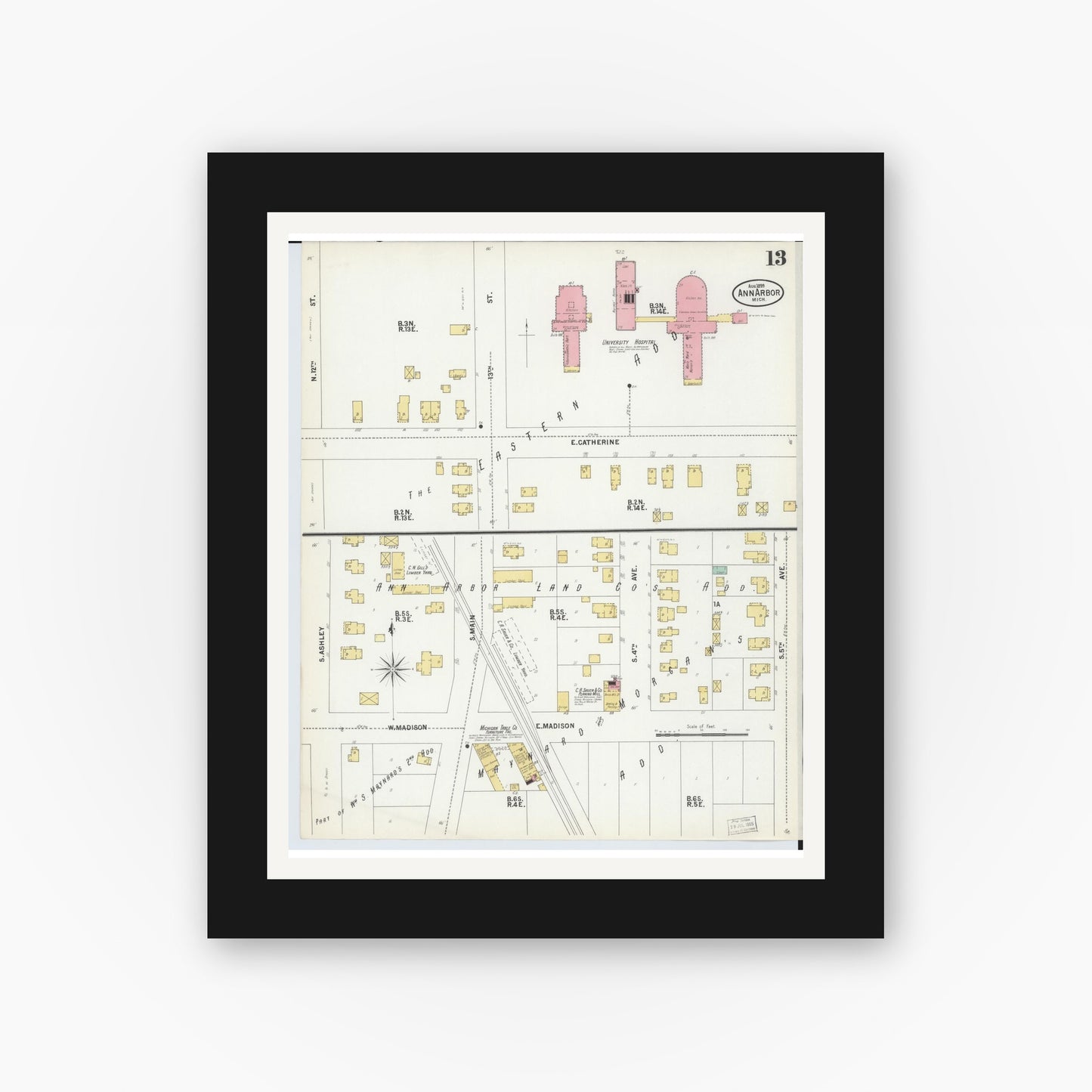 Old map wall art mockup — black gallery frame with white mat — Sanborn Fire Insurance Map from Ann Arbor, Washtenaw County, Michigan (1899), Sheet #0013