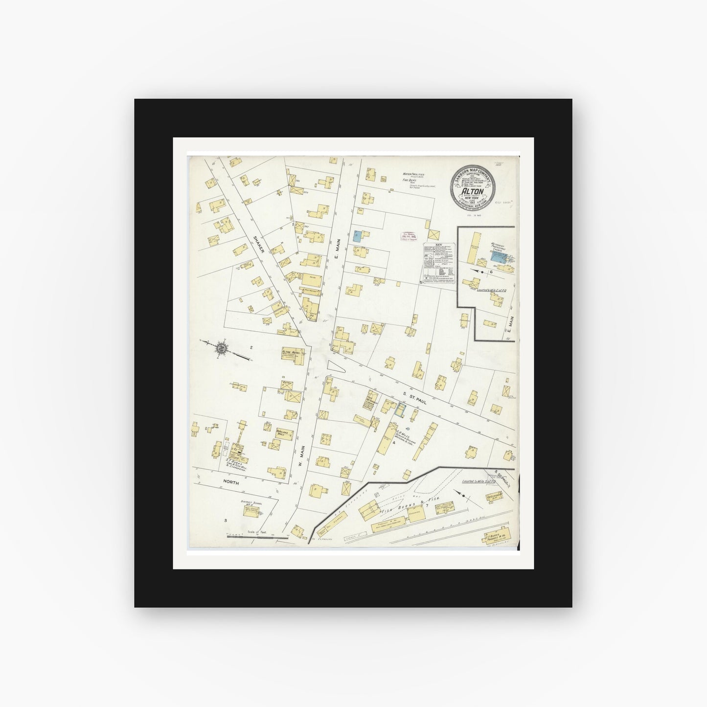 Old map wall art mockup — black gallery frame with white mat — Sanborn Fire Insurance Map from Alton, Wayne County, New York (1911), Sheet #0001