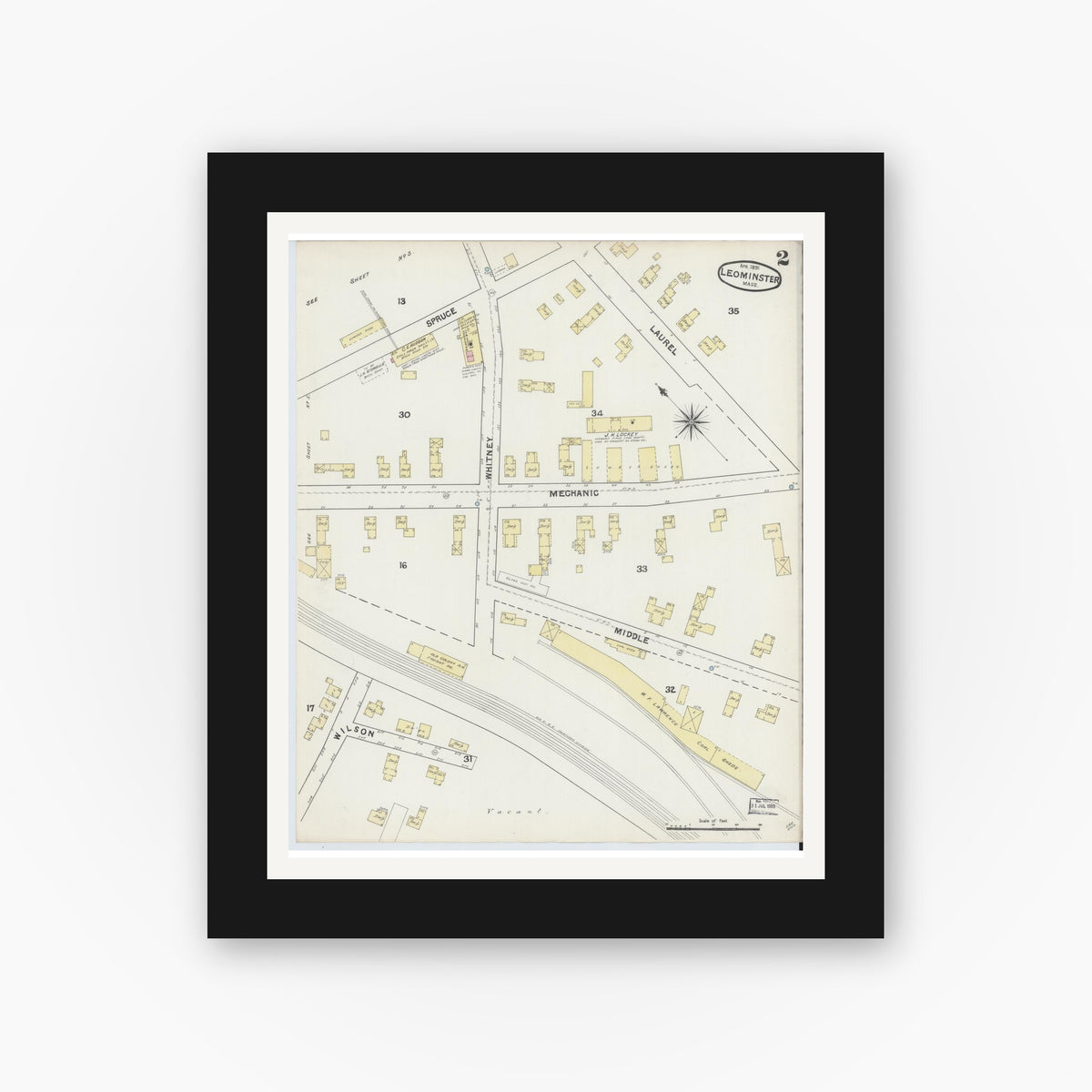 Old map wall art mockup — black gallery frame with white mat — Sanborn Fire Insurance Map from Leominster, Worcester County, Massachusetts (1891), Sheet #0002