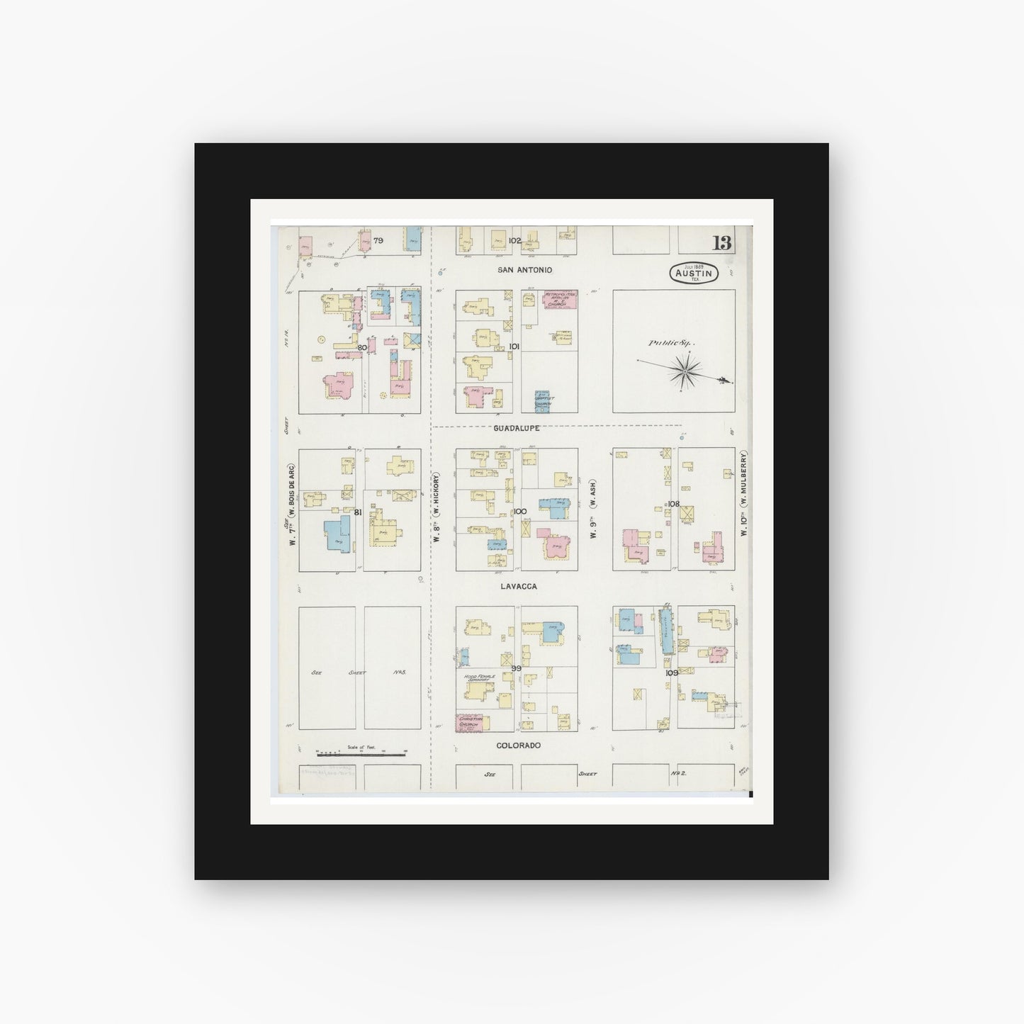 Old map wall art mockup — black gallery frame with white mat — Sanborn Fire Insurance Map from Austin, Travis County, Texas (1889), Sheet #0013