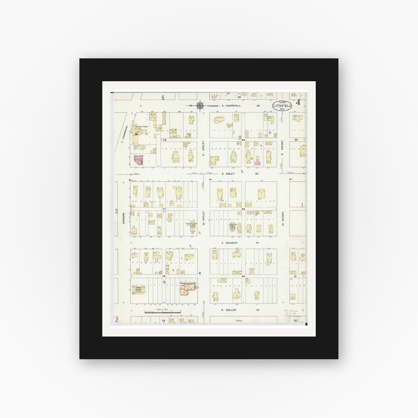 Old map wall art mockup — black gallery frame with white mat — Sanborn Fire Insurance Map from Litchfield, Meeker County, Minnesota (1913), Sheet #0004