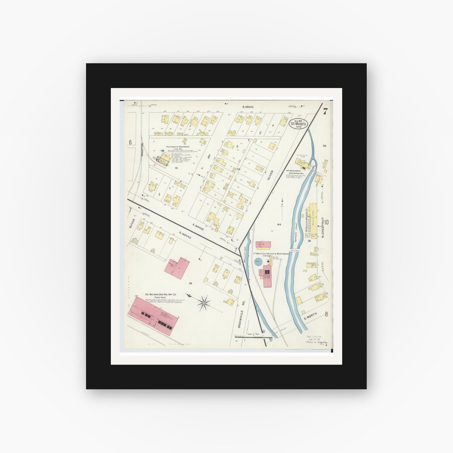 Old map wall art mockup — black gallery frame with white mat — Sanborn Fire Insurance Map from Saint Marys, Auglaize County, Ohio (1907), Sheet #0007