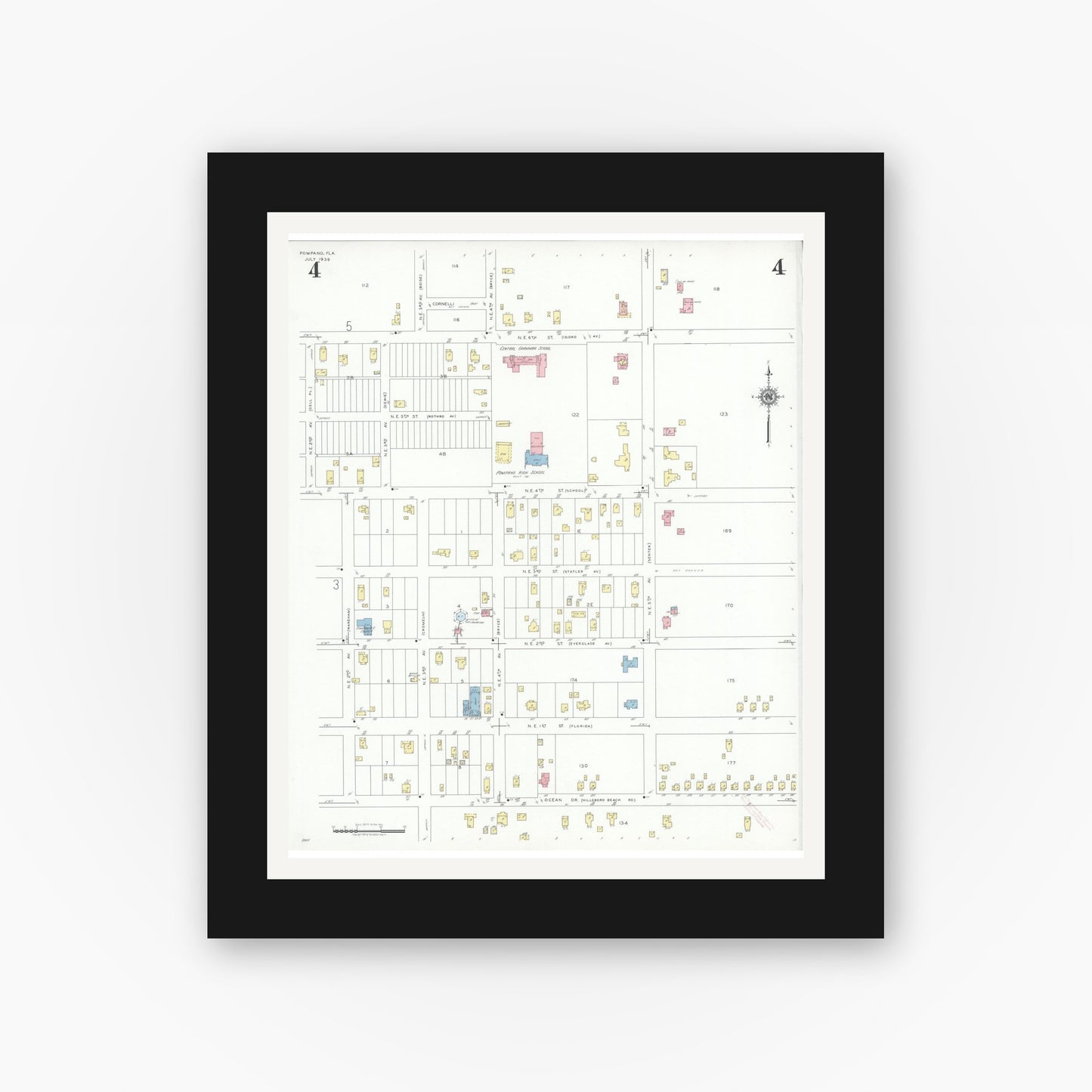 Old map wall art mockup — black gallery frame with white mat — Sanborn Fire Insurance Map from Pompano, Broward County, Florida (1939), Sheet #0004