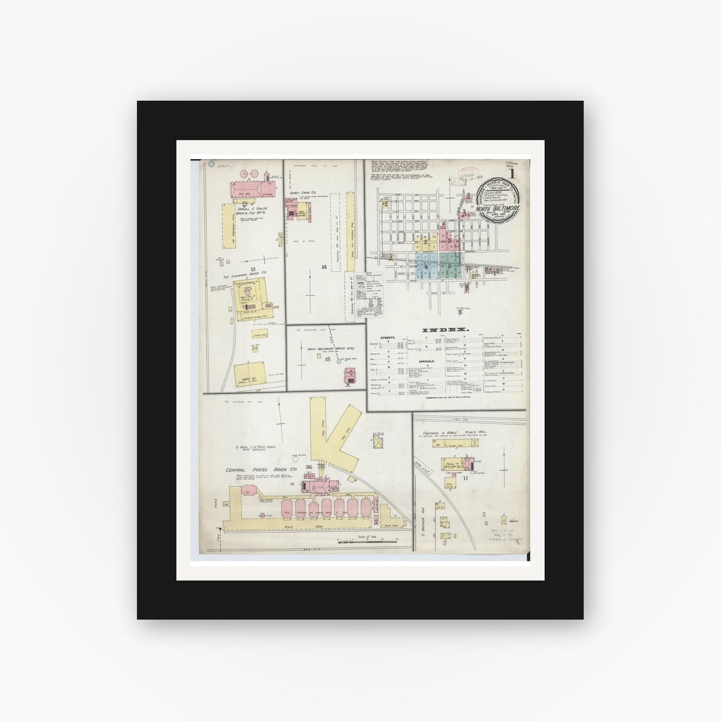 Old map wall art mockup — black gallery frame with white mat — Sanborn Fire Insurance Map from North Baltimore, Wood County, Ohio (1893) - Complete Map Set