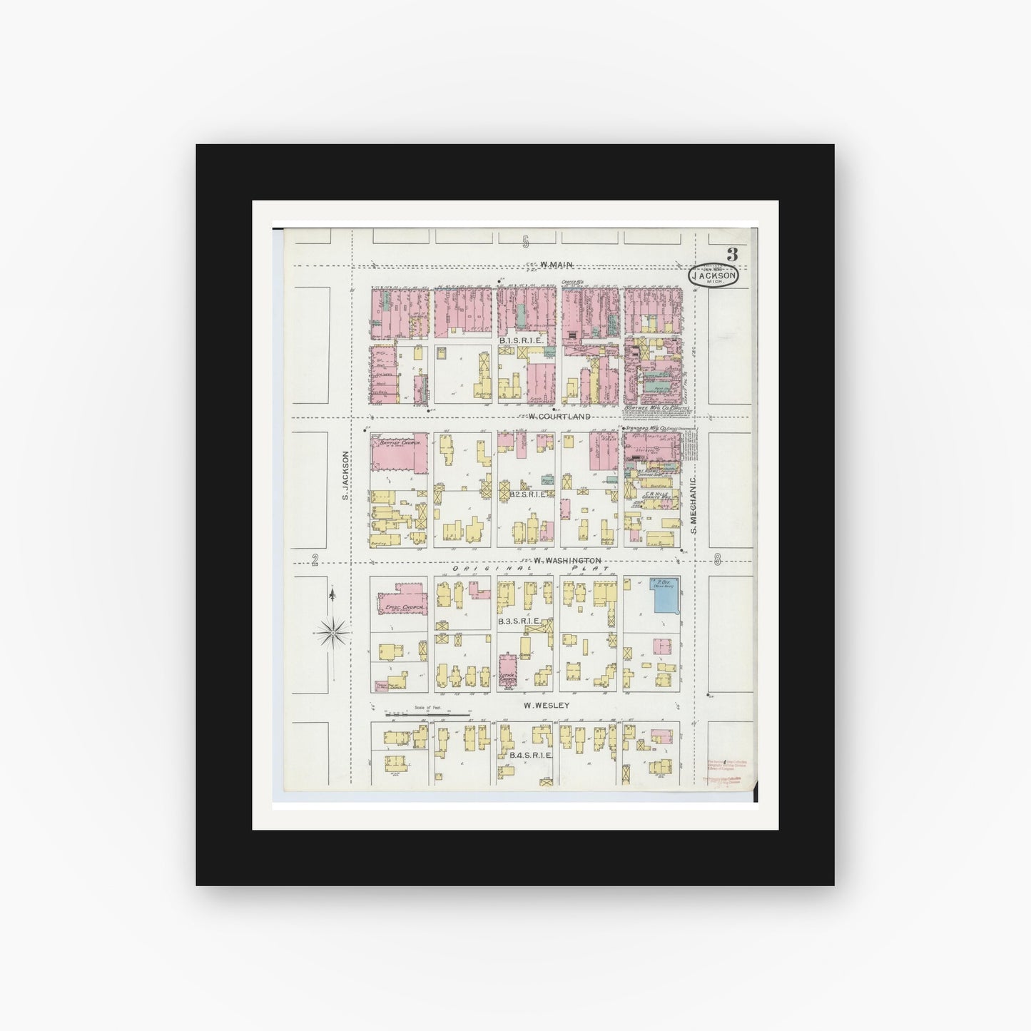 Old map wall art mockup — black gallery frame with white mat — Sanborn Fire Insurance Map from Jackson, Jackson County, Michigan (1893), Sheet #0003