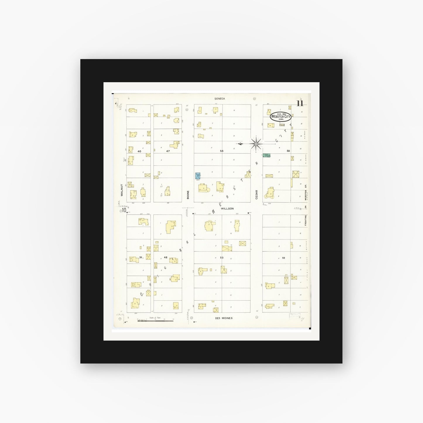 Old map wall art mockup — black gallery frame with white mat — Sanborn Fire Insurance Map from Webster City, Hamilton County, Iowa (1907), Sheet #0011