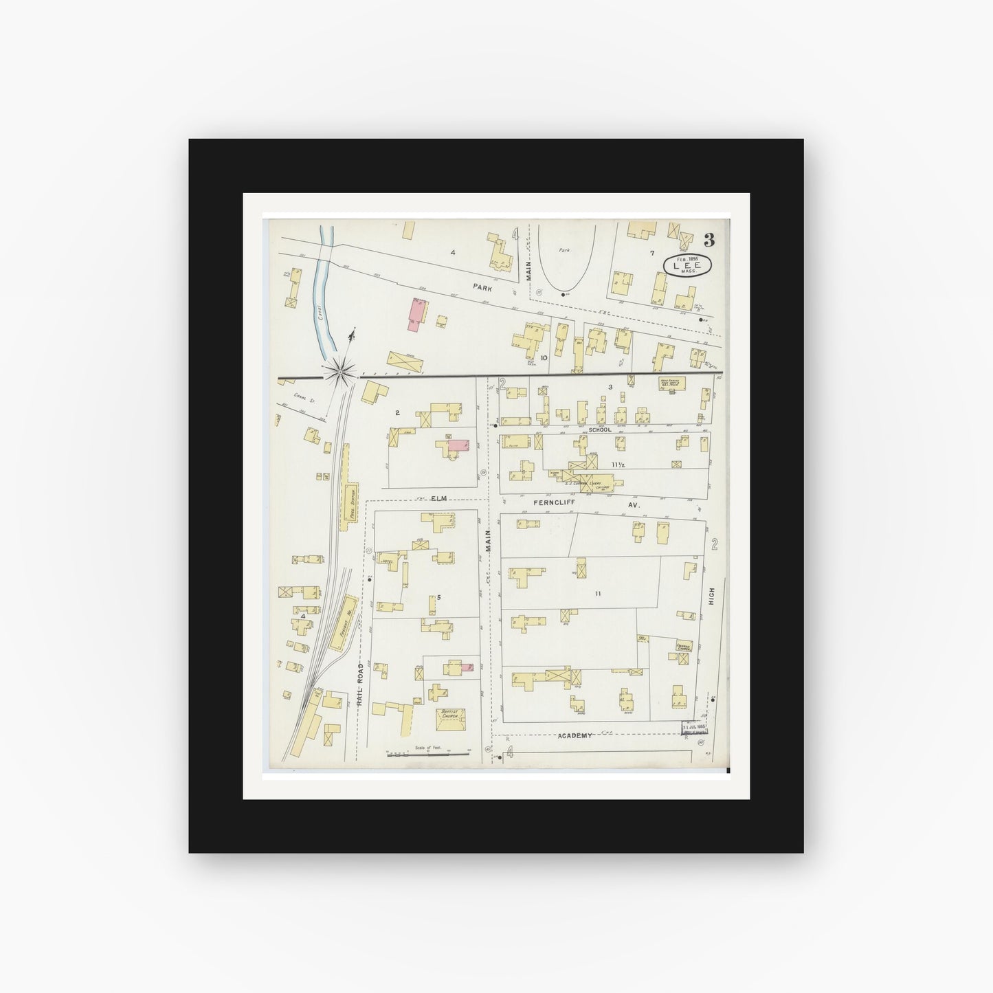 Old map wall art mockup — black gallery frame with white mat — Sanborn Fire Insurance Map from Lee, Berkshire County, Massachusetts (1895), Sheet #0003