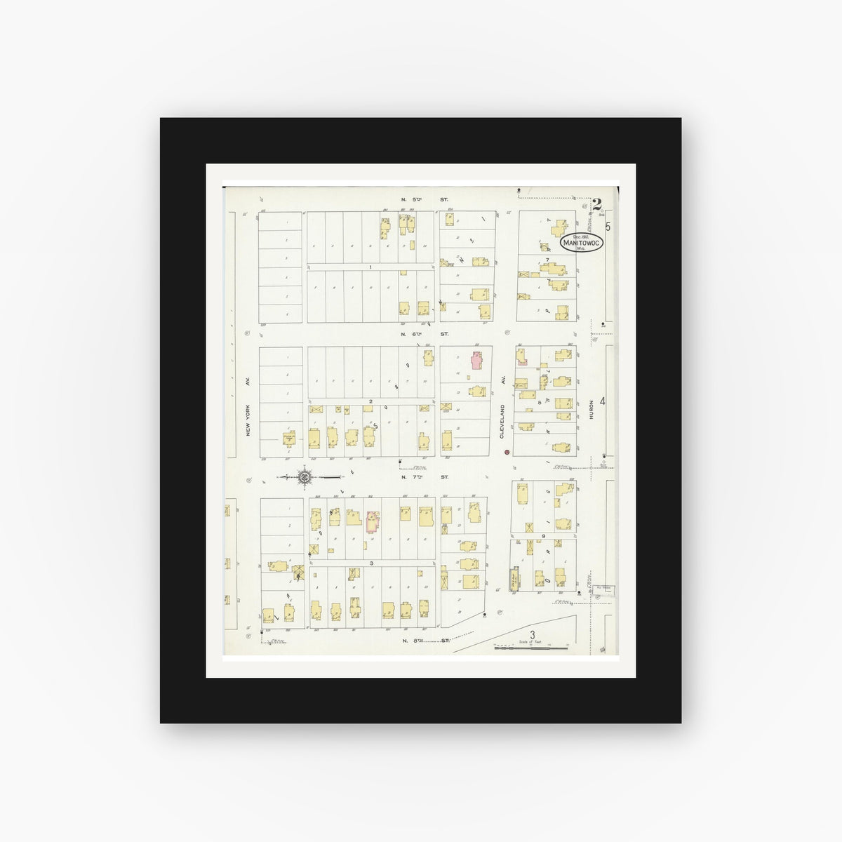 Old map wall art mockup — black gallery frame with white mat — Sanborn Fire Insurance Map from Manitowoc, Manitowoc County, Wisconsin (1912), Sheet #0002