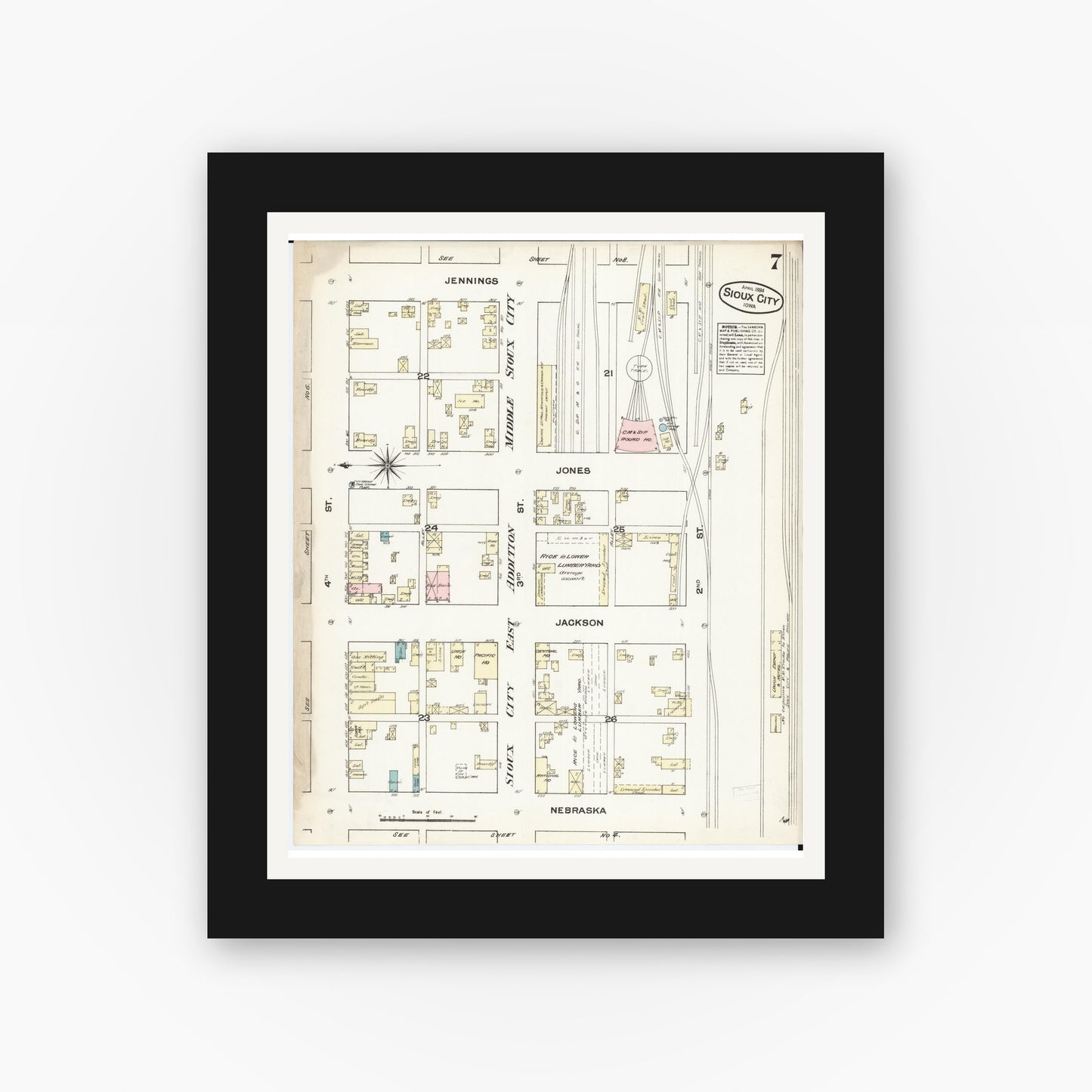 Old map wall art mockup β black gallery frame with white mat β Sanborn Fire Insurance Map from Sioux City, Woodbury County, Iowa (1884), Sheet #0007