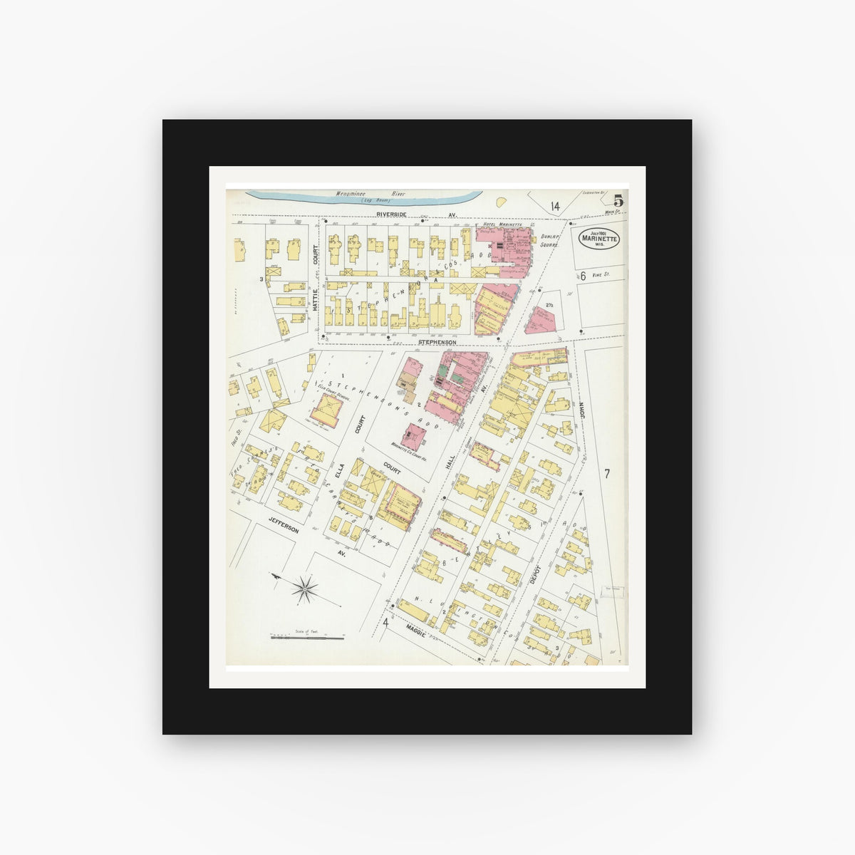 Old map wall art mockup — black gallery frame with white mat — Sanborn Fire Insurance Map from Marinette, Marinette County, Wisconsin (1901), Sheet #0005