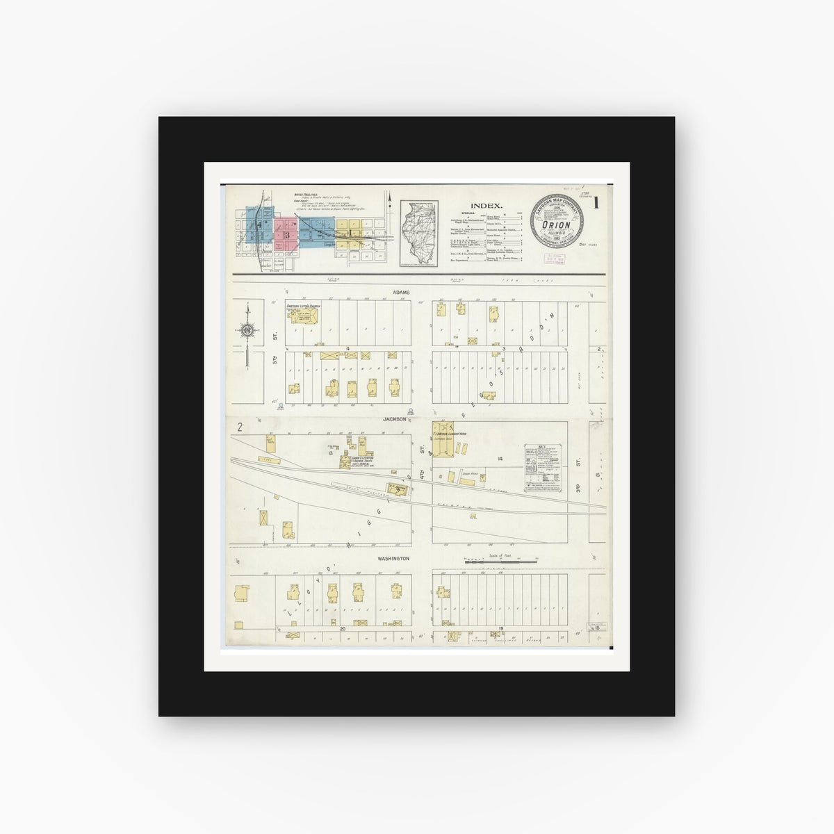 Old map wall art mockup — black gallery frame with white mat — Sanborn Fire Insurance Map from Orion, Henry County, Illinois (1913) - Complete Map Set