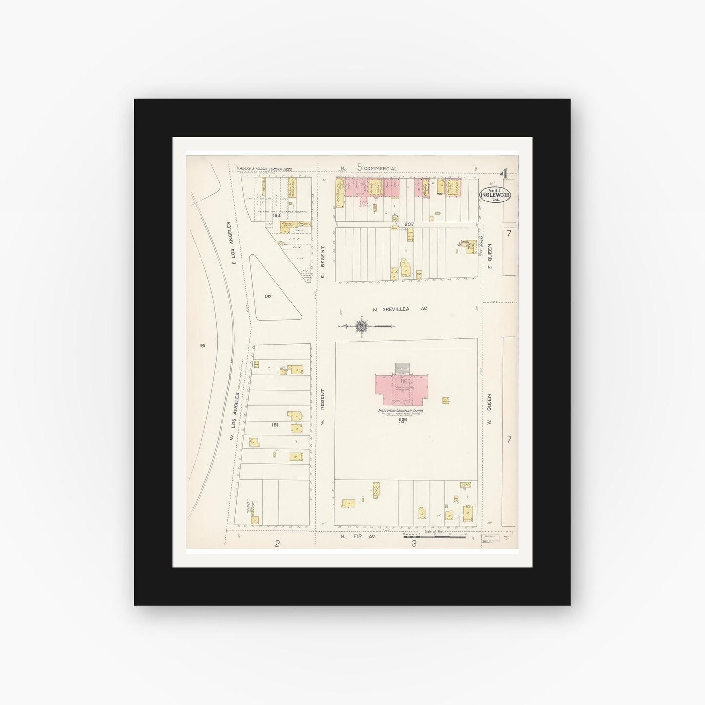 Old map wall art mockup — black gallery frame with white mat — Sanborn Fire Insurance Map from Inglewood, Los Angeles County, California (1912), Sheet #0004