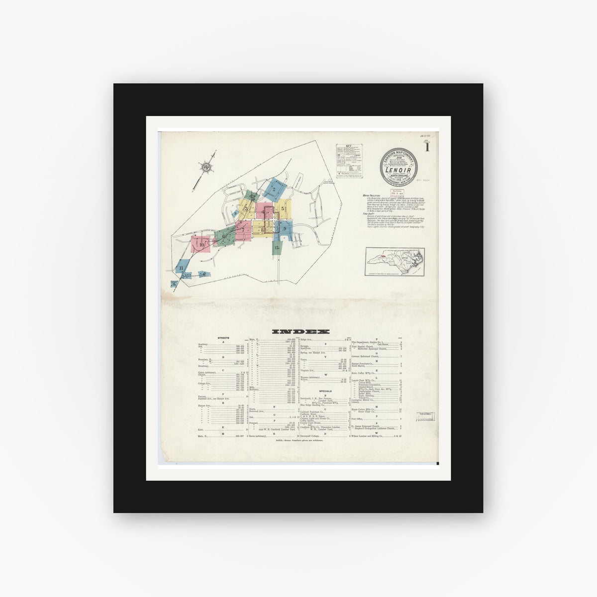Old map wall art mockup — black gallery frame with white mat — Sanborn Fire Insurance Map from Lenoir, Caldwell County, North Carolina (1913), Sheet #0001