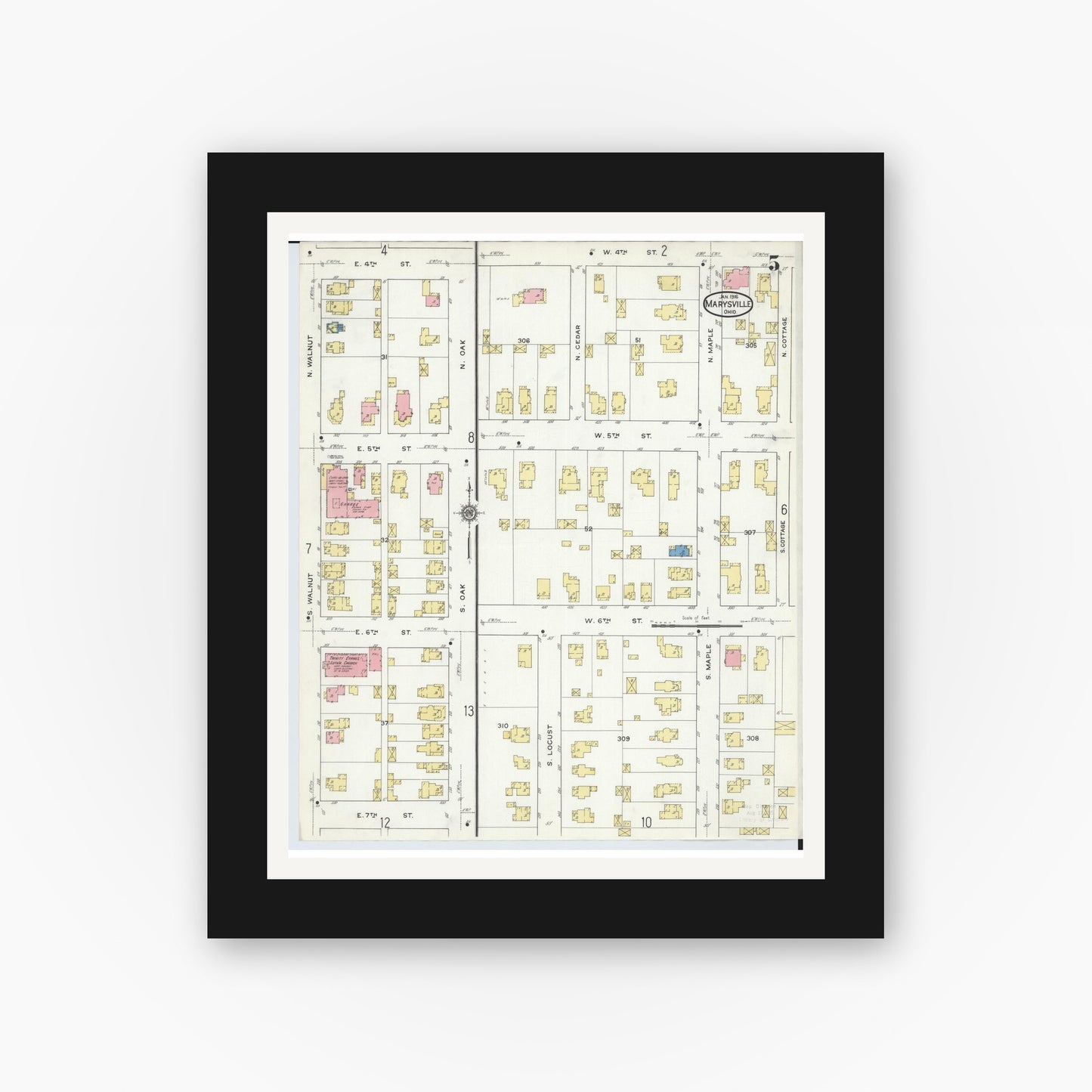 Old map wall art mockup — black gallery frame with white mat — Sanborn Fire Insurance Map from Marysville, Union County, Ohio (1916), Sheet #0005