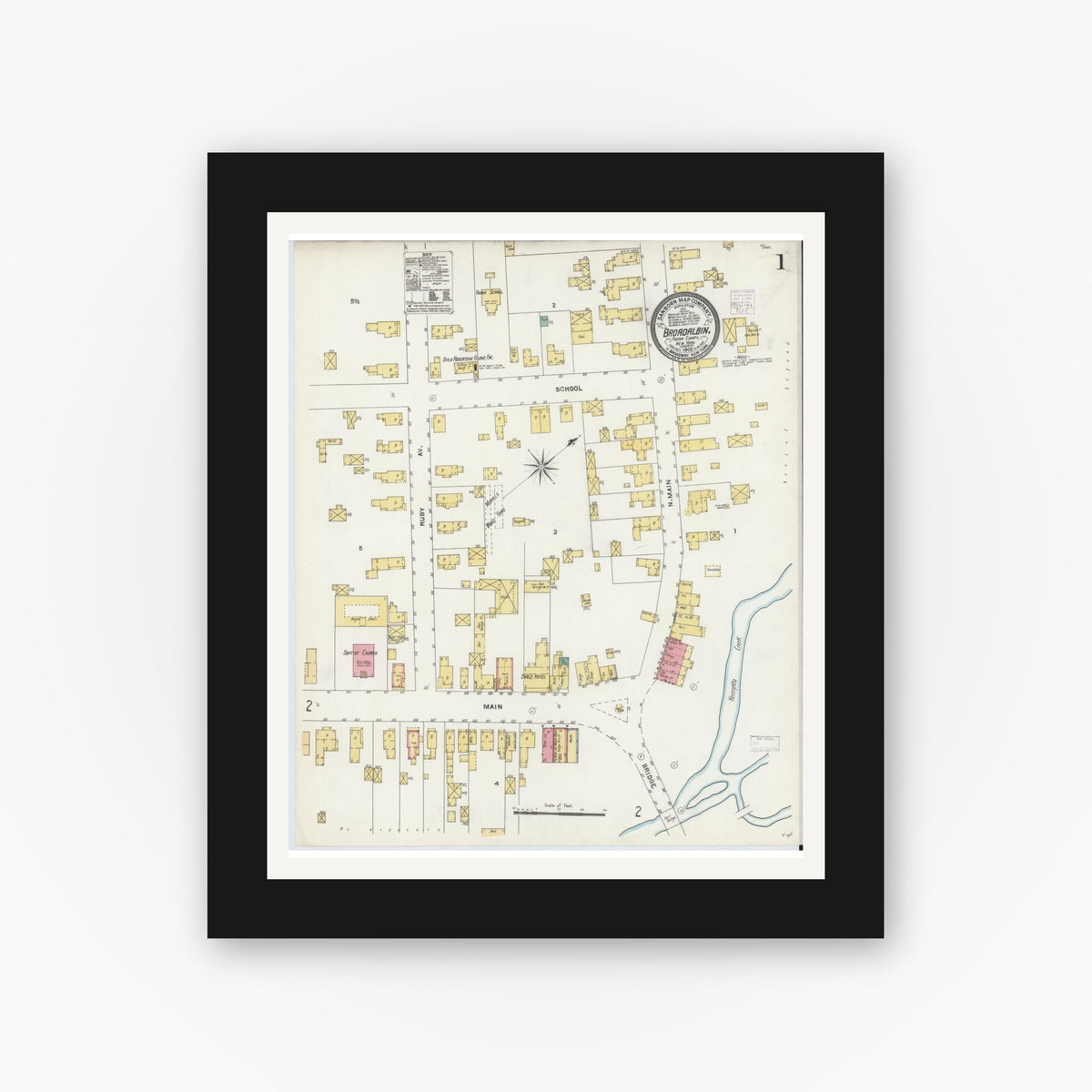 Old map wall art mockup — black gallery frame with white mat — Sanborn Fire Insurance Map from Broadalbin, Fulton County, New York (1906), Sheet #0001