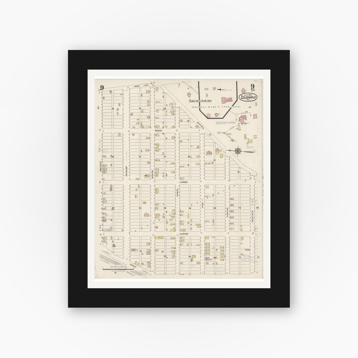 Old map wall art mockup — black gallery frame with white mat — Sanborn Fire Insurance Map from Zelienople, Butler County, Pennsylvania (1925), Sheet #0009