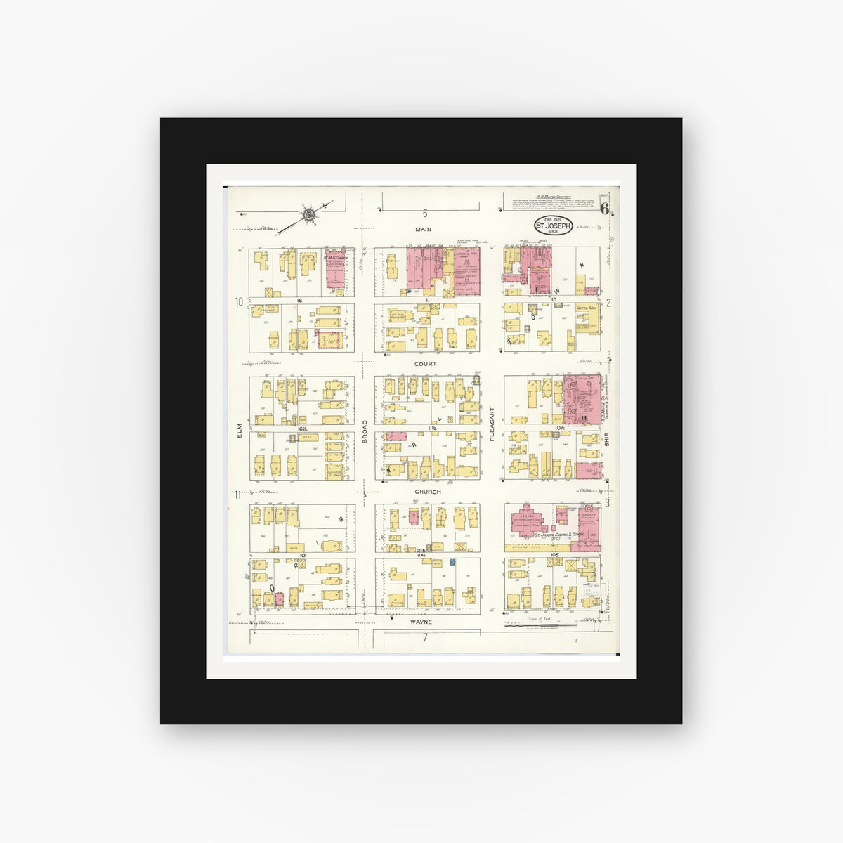 Old map wall art mockup — black gallery frame with white mat — Sanborn Fire Insurance Map from Saint Joseph, Berrien County, Michigan (1921), Sheet #0006