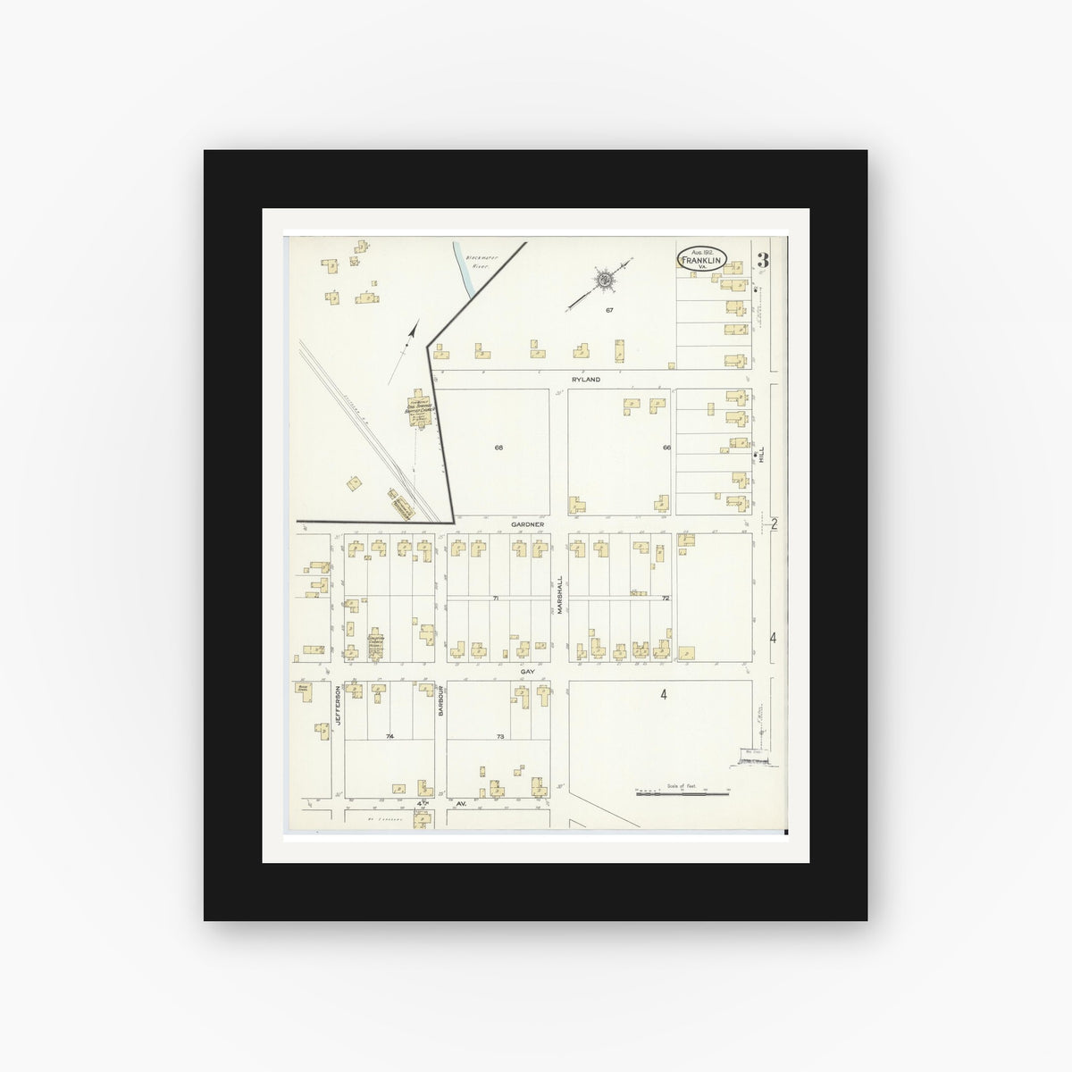 Old map wall art mockup — black gallery frame with white mat — Sanborn Fire Insurance Map from Franklin, Independent Cities, Virginia (1912), Sheet #0003