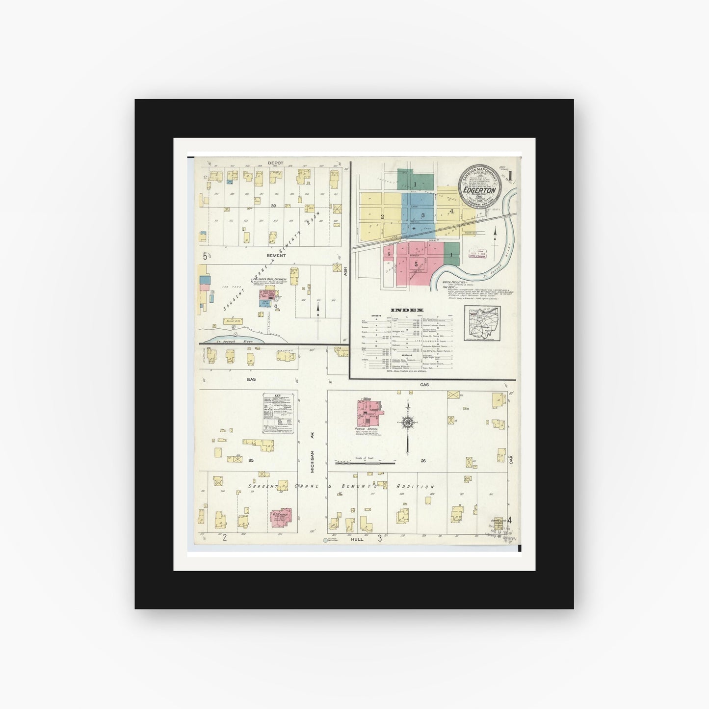 Old map wall art mockup — black gallery frame with white mat — Sanborn Fire Insurance Map from Edgerton, Williams County, Ohio (1913), Sheet #0001